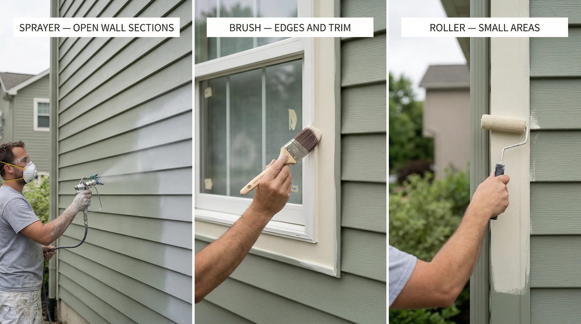 Three application methods for aluminum siding: sprayer for open walls, brush for trim, and roller for smaller areas
