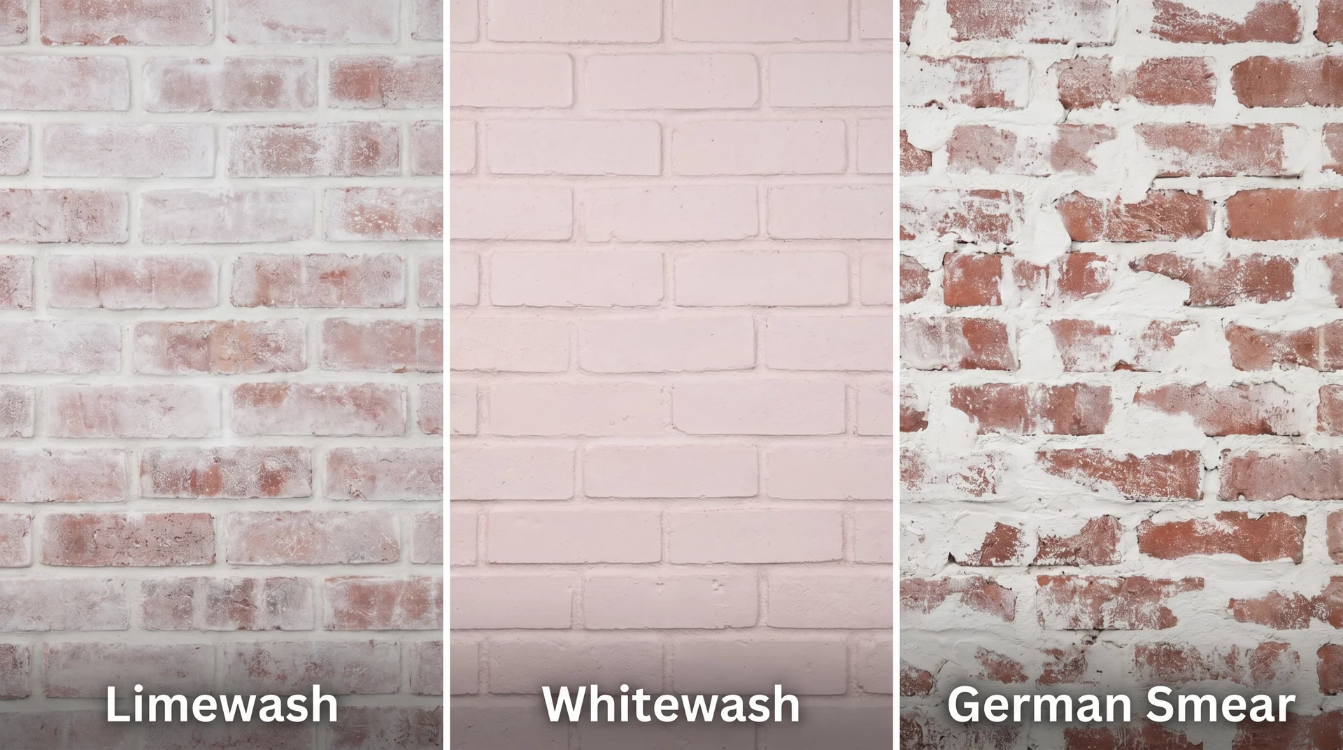 Three brick panels side by side comparing limewash, whitewash, and German smear textures and opacity levels