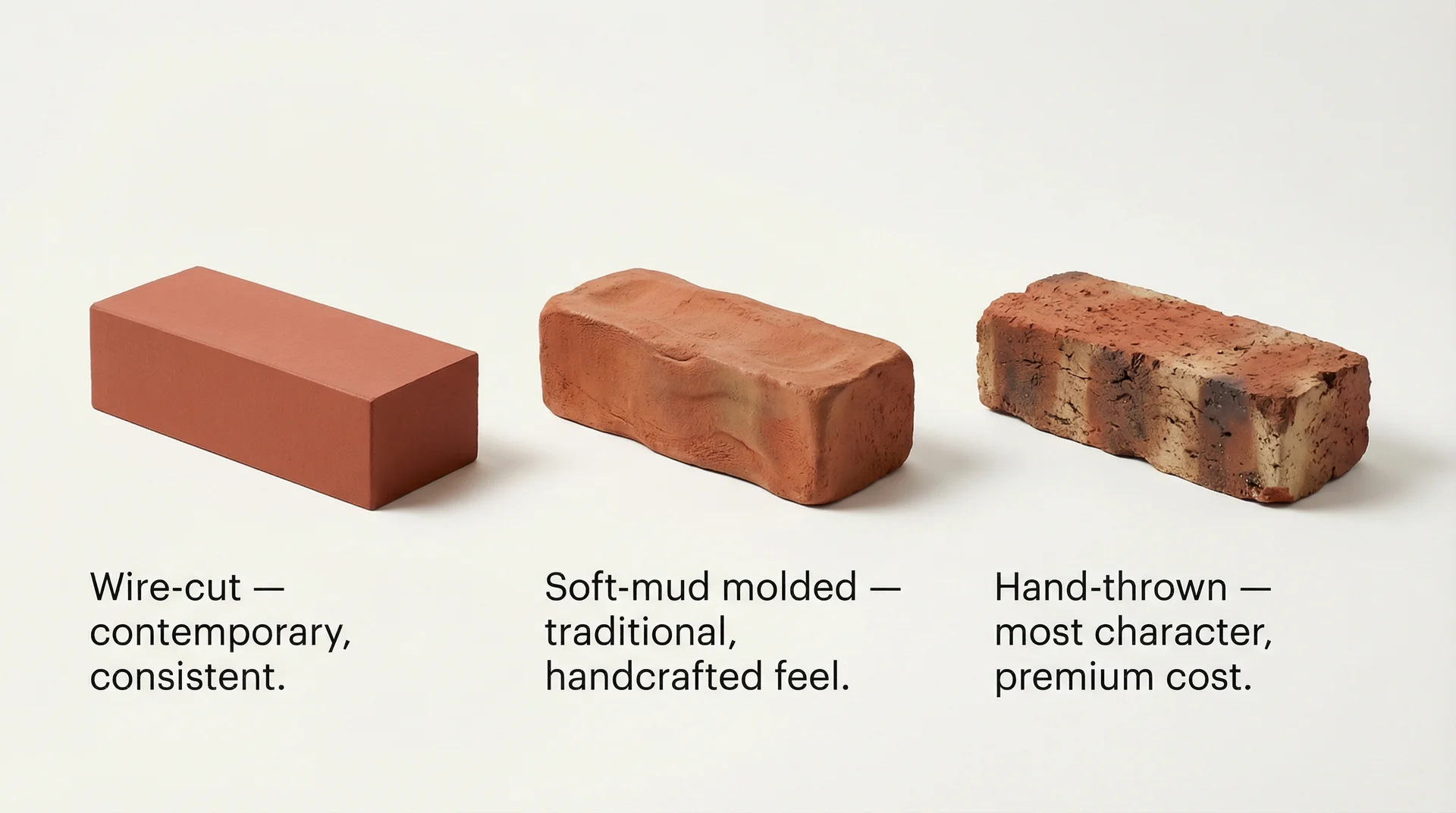 Three brick types side by side: wire-cut, soft-mud molded, and hand-thrown, showing texture and edge differences
