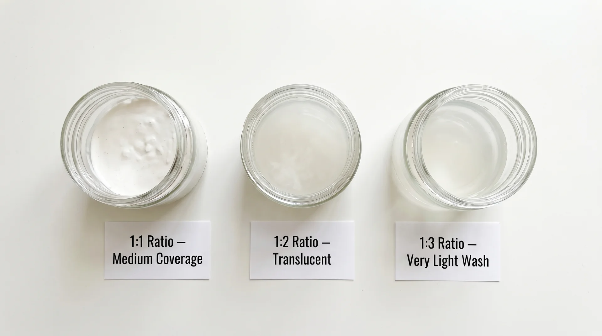 Three glass jars showing whitewash paint-to-water ratios labeled 1:1 medium, 1:2 translucent, and 1:3 very light wash
