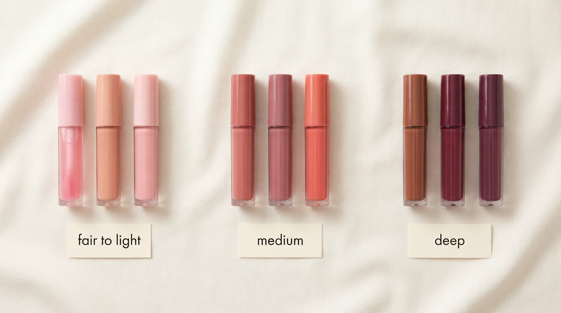 Three groups of lip glosses organized by skin tone from fair to deep showing recommended shade ranges for each tone