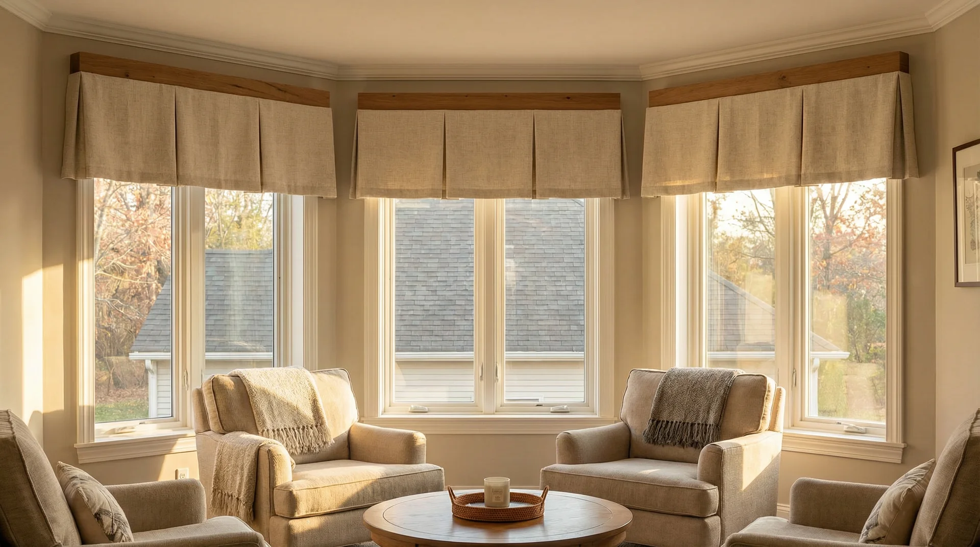 Three individual linen box pleat valances mounted separately on a bay window following its angled geometry