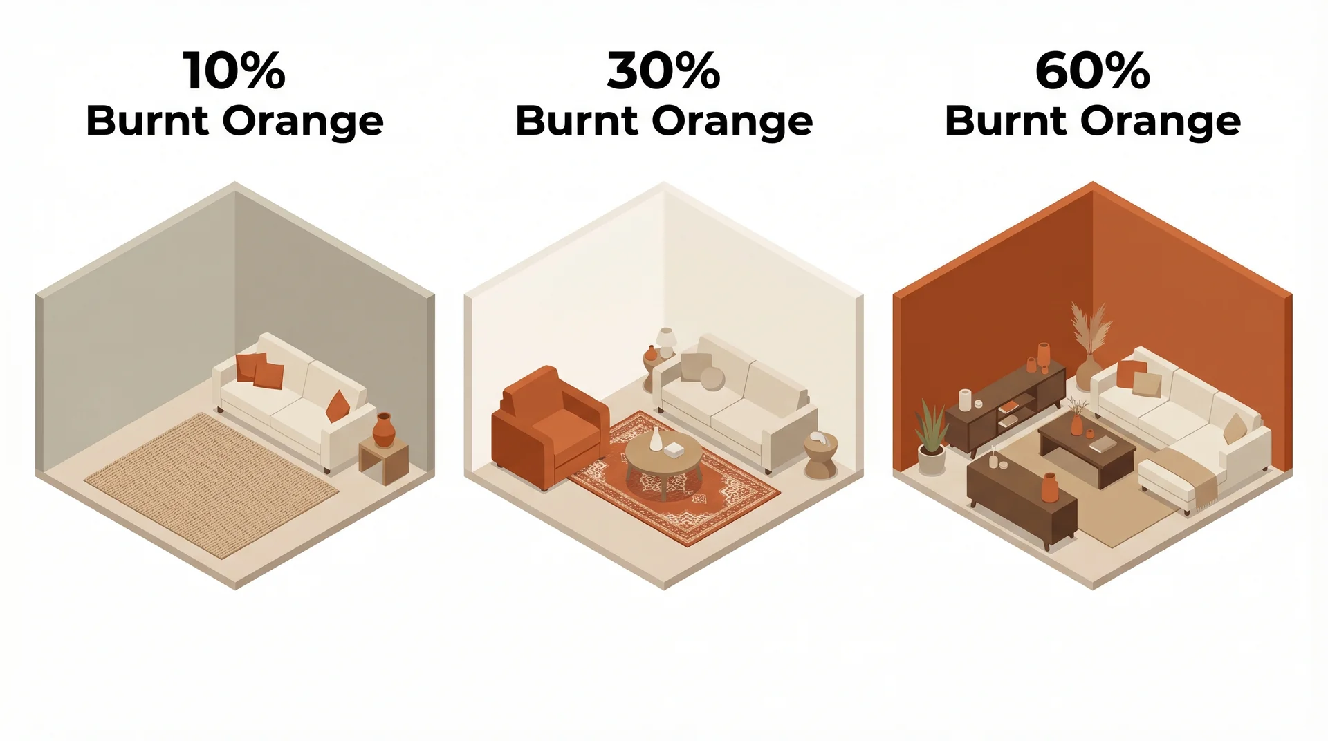 Three interior illustrations showing 10%, 30%, and 60% burnt orange distribution in a rustic living room