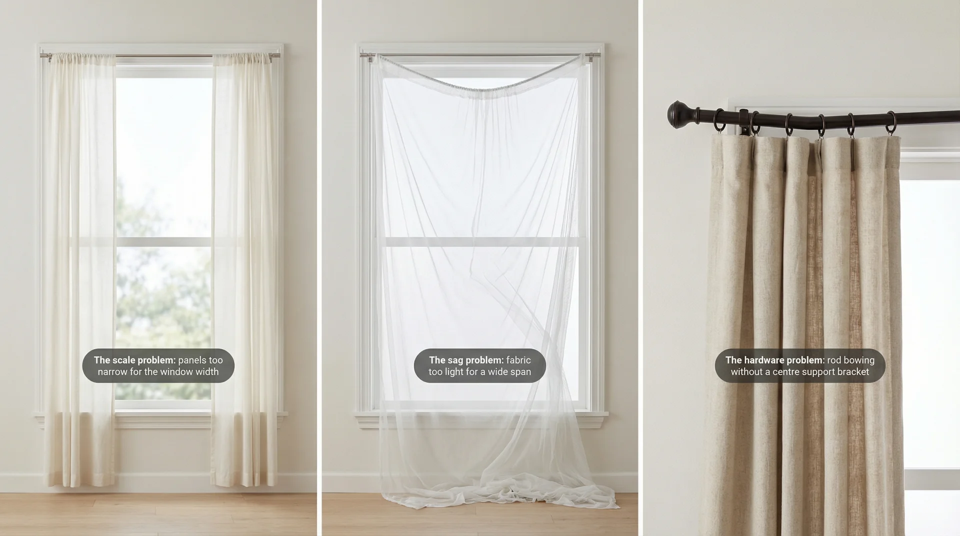 Three large windows showing common curtain mistakes: panels too narrow,
fabric sagging mid-span, and a rod bowing without centre support.
