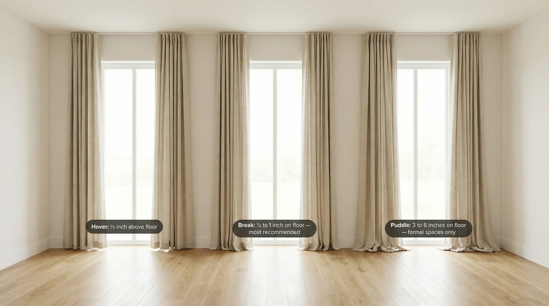 Three large windows showing curtain hem options: hover above floor,
break on floor, and puddle — with labelled measurements at each hem.

