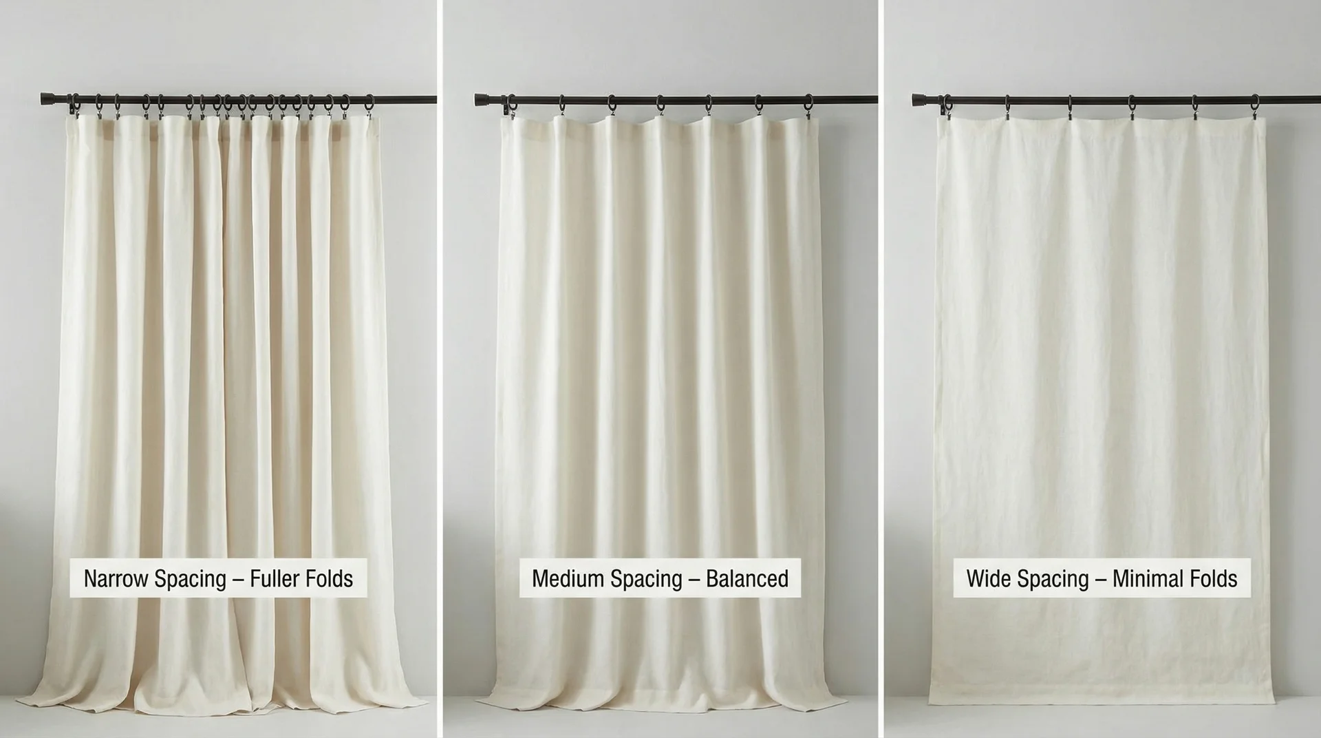 Three linen curtain panels showing how grommet ring spacing affects fold depth from full to minimal 