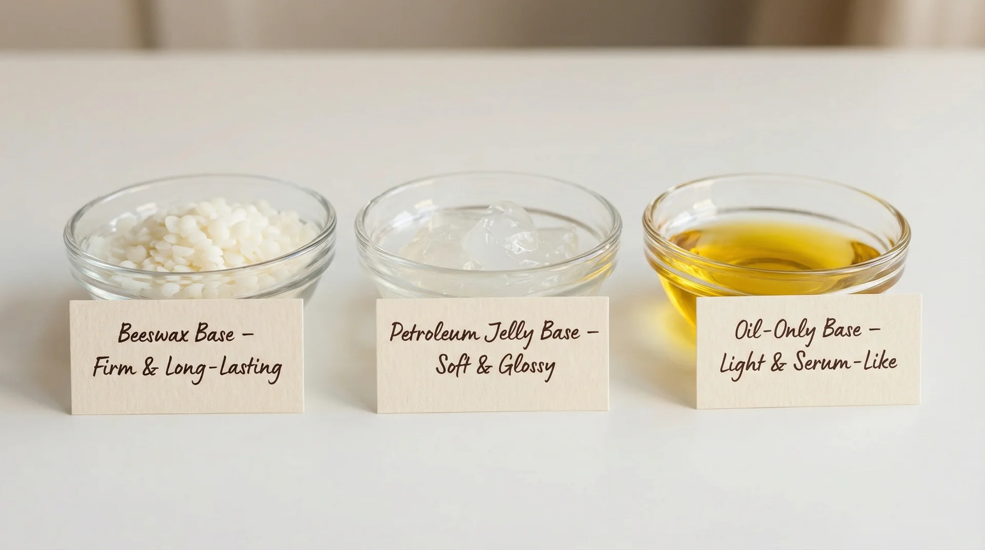 Three lip gloss base options in glass bowls labelled beeswax base, petroleum jelly base, and oil-only base side by side