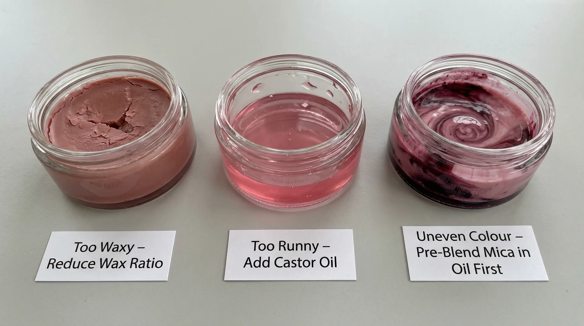 Three lip gloss pots showing common DIY mistakes: too waxy, too runny, and uneven colour with fix labels in front of each
