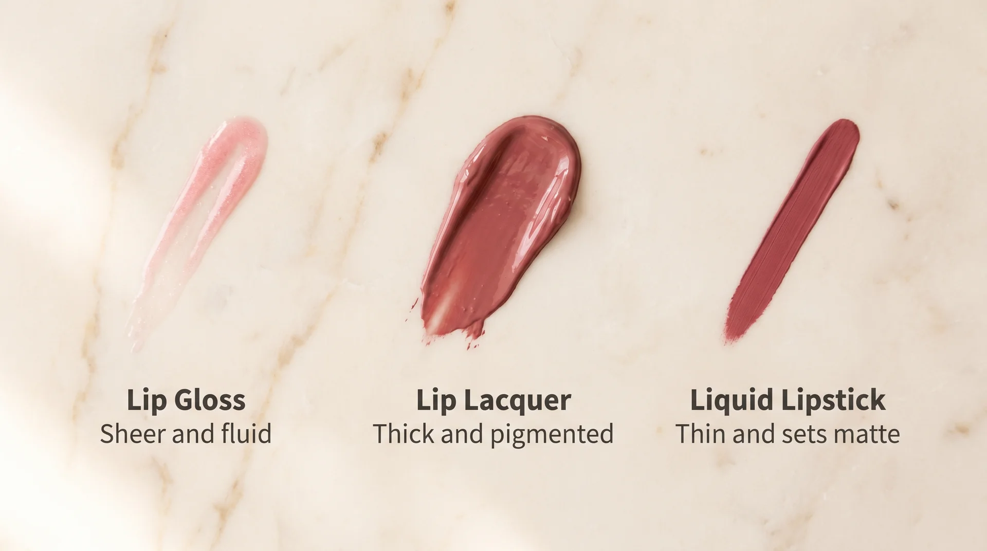 Three lip product swatches comparing lip gloss, lip lacquer, and liquid lipstick textures side by side