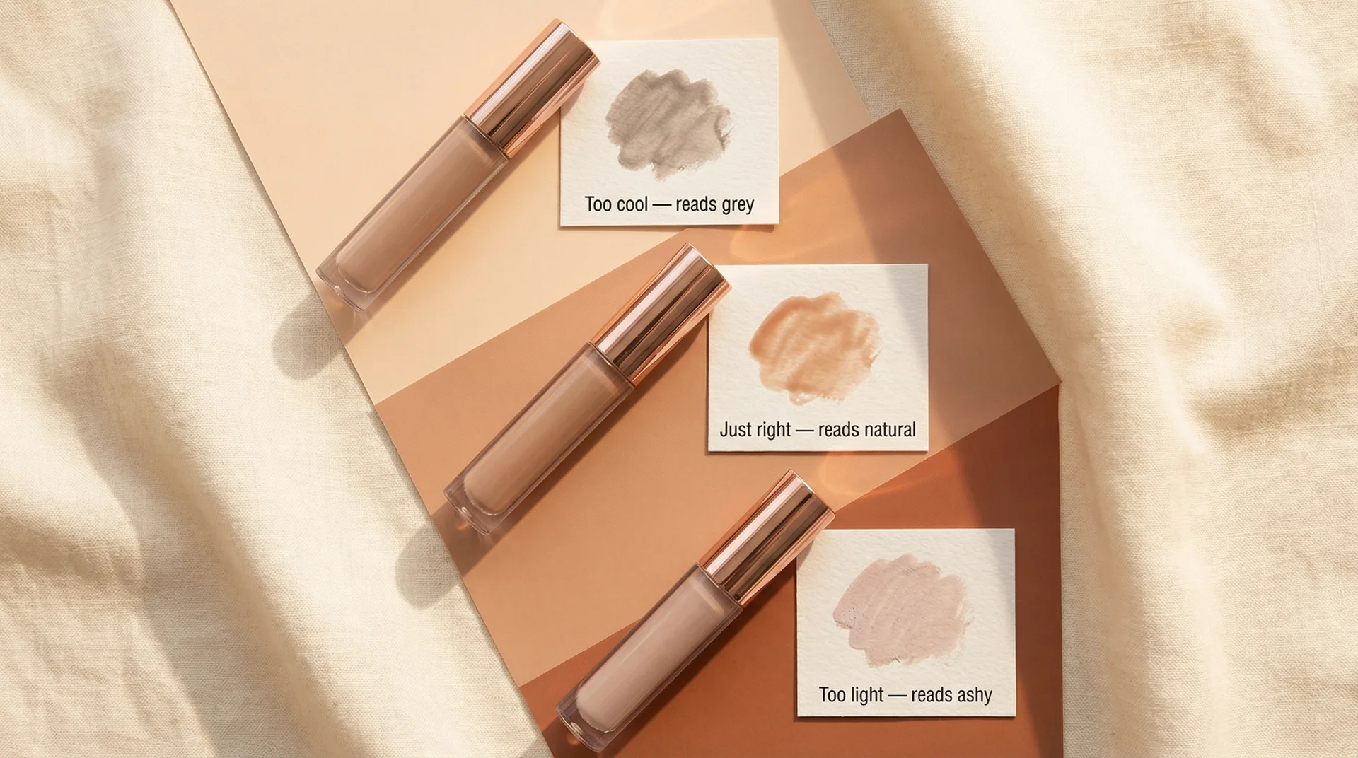 Three nude lip gloss swatches showing how the same shade reads differently across skin tones