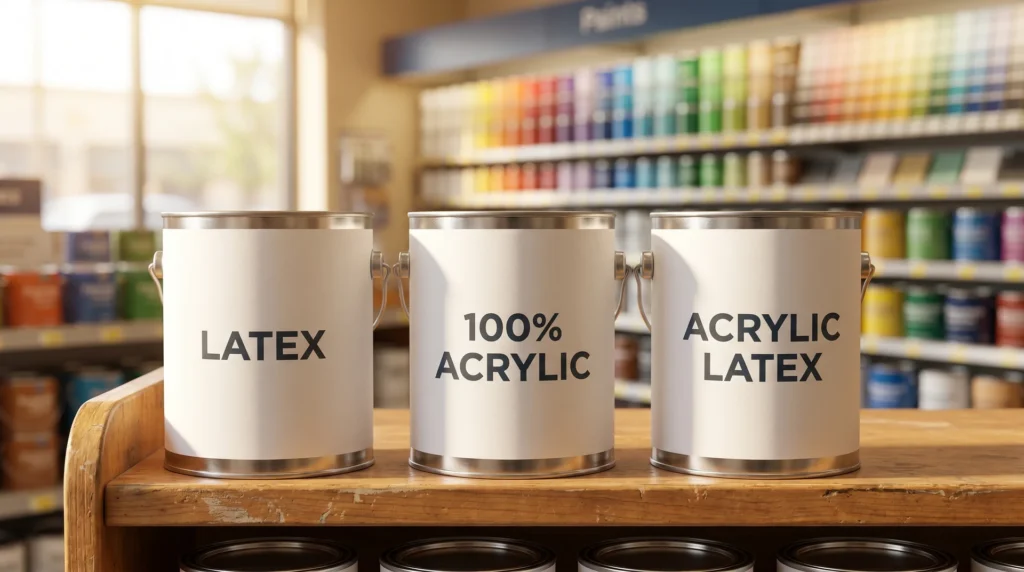 Three paint cans labeled Latex, 100% Acrylic, and Acrylic Latex side by side on a hardware store shelf
