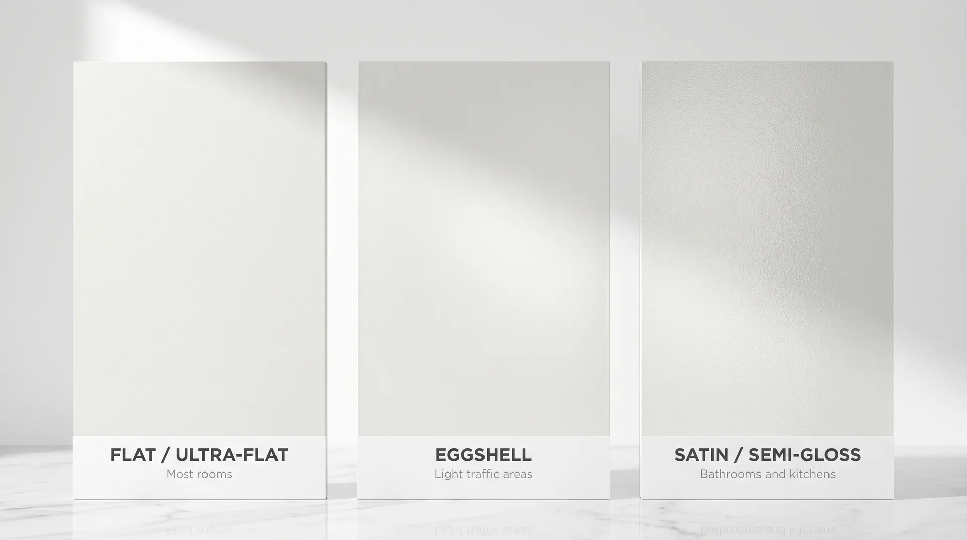 Three paint finish samples showing flat, eggshell, and satin ceiling finishes under directional light to reveal sheen