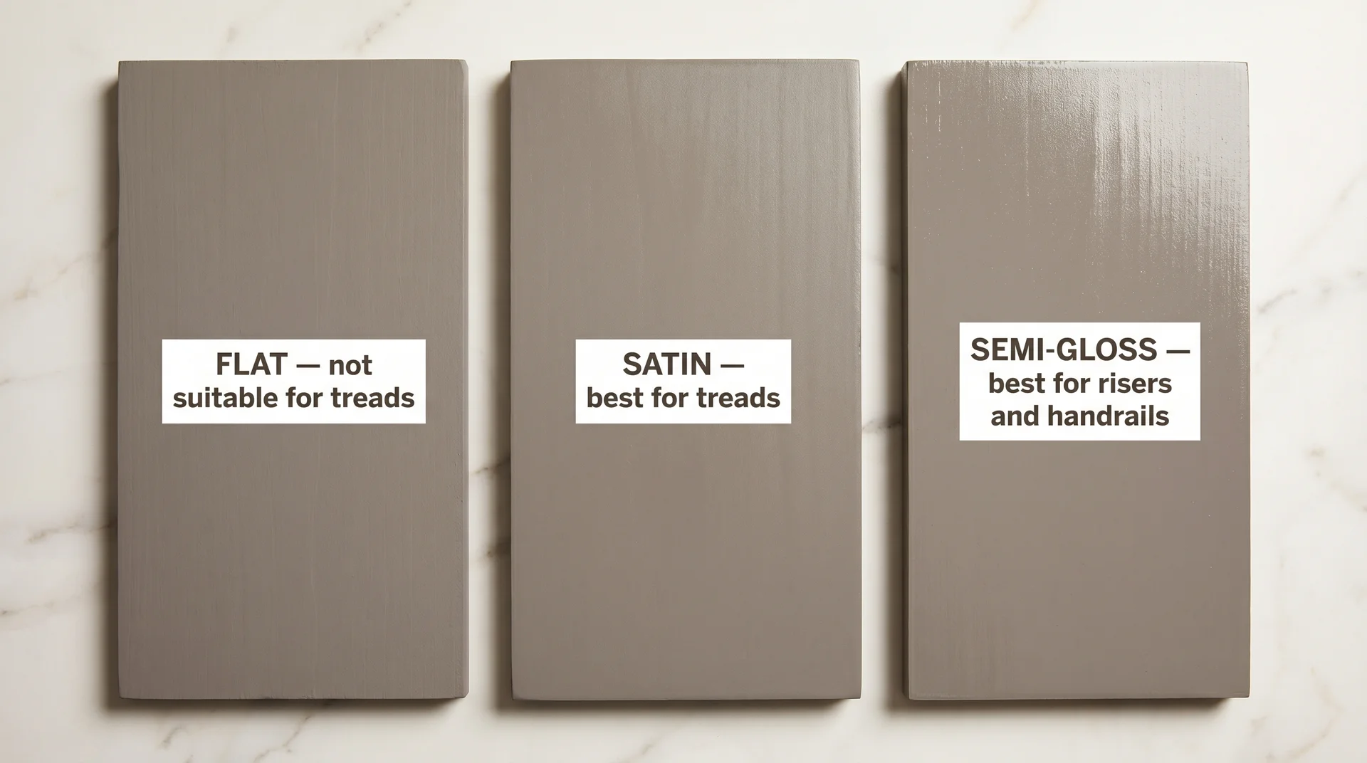 Three painted wood samples showing flat, satin, and semi-gloss finish differences for choosing stair paint sheen
