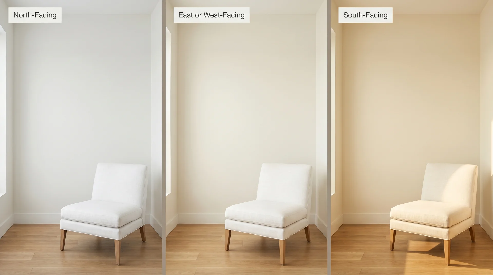 Three-panel comparison of Alabaster paint in north, east-west, and south-facing room lighting conditions