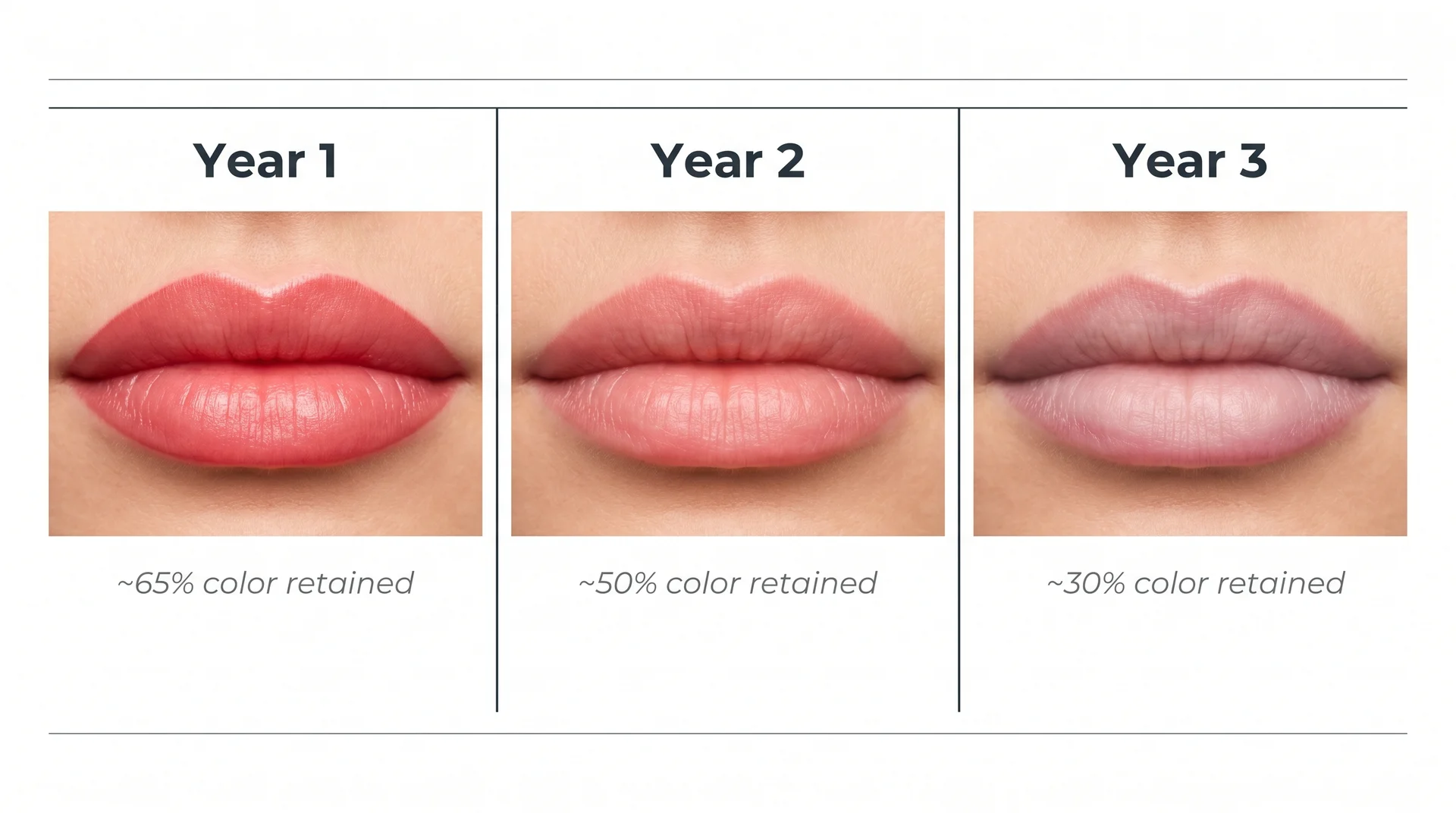 Three-panel comparison of lip blush fading from Year 1 to Year 3 with color retention labeled under each stage