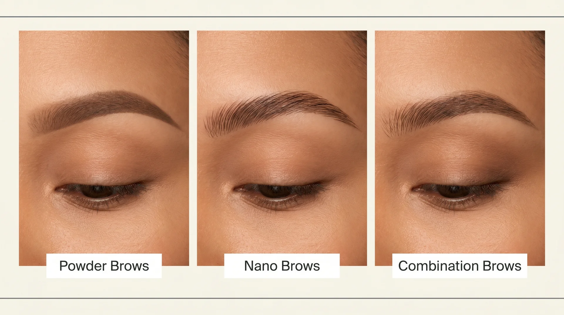 Three-panel comparison of powder brows gradient fill, nano brows fine strokes, and combination brows blending both techniques