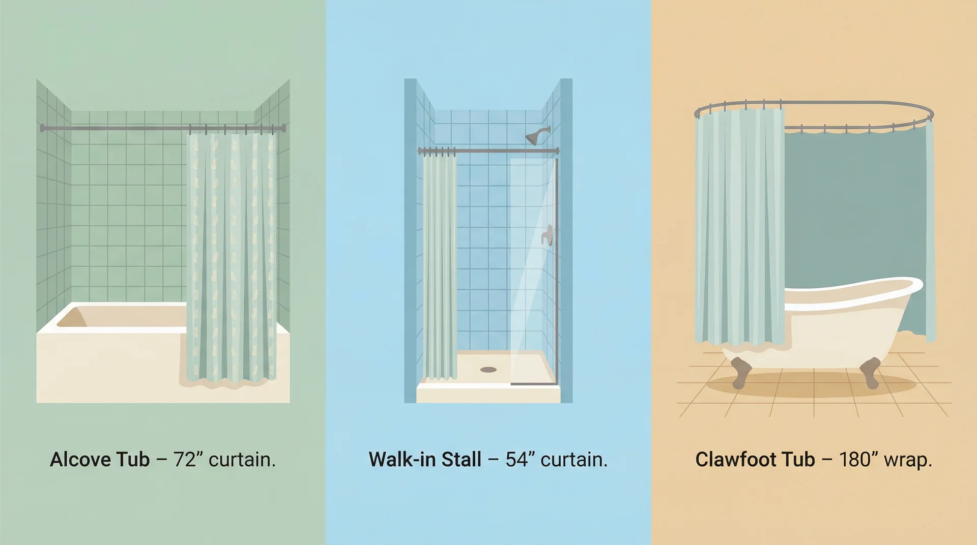 Three-panel illustration comparing curtain sizes for alcove tub, walk-in stall, and clawfoot bathtub 