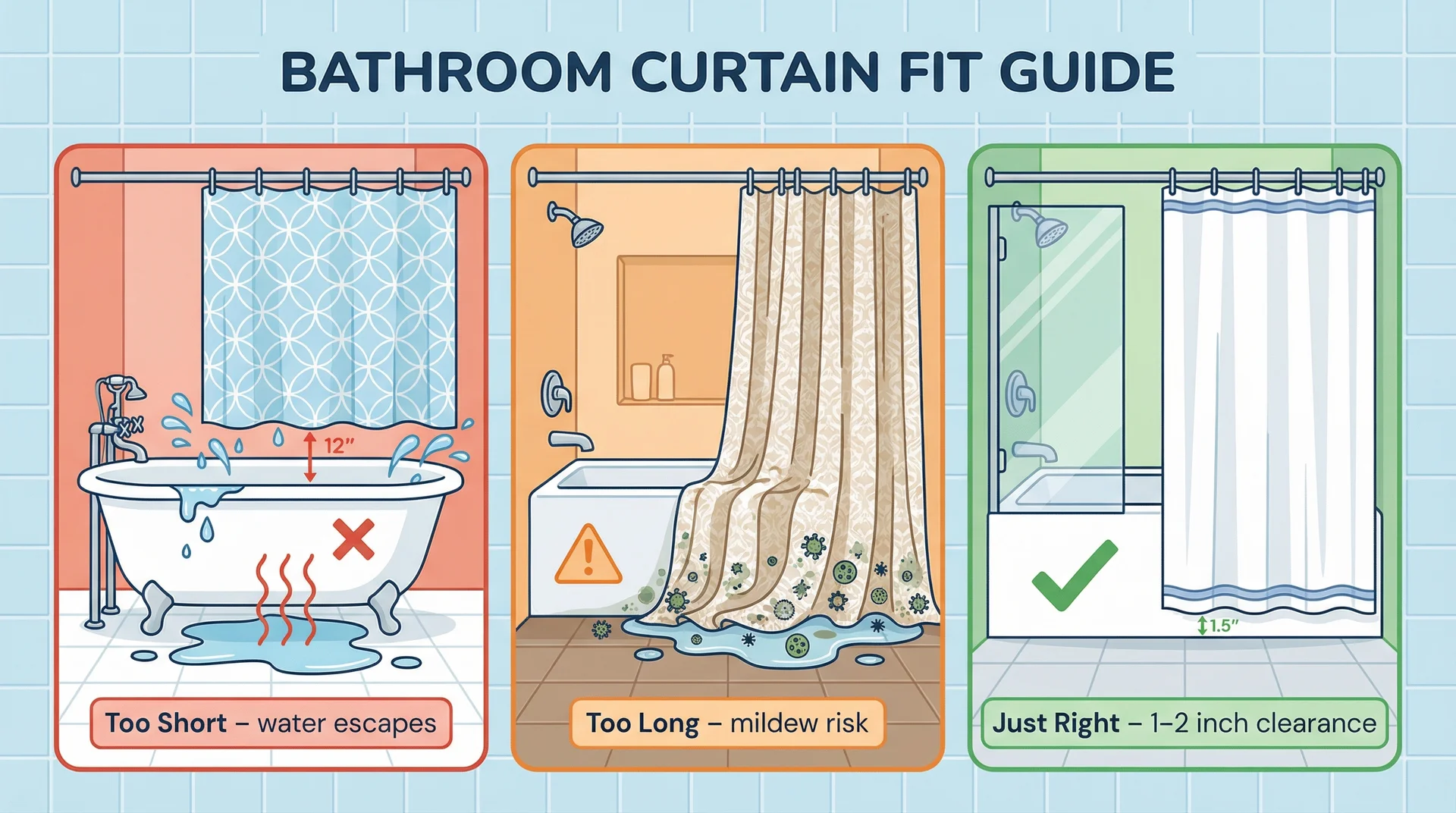 Three-panel illustration showing shower curtain too short, too long, and correctly sized with floor clearance 