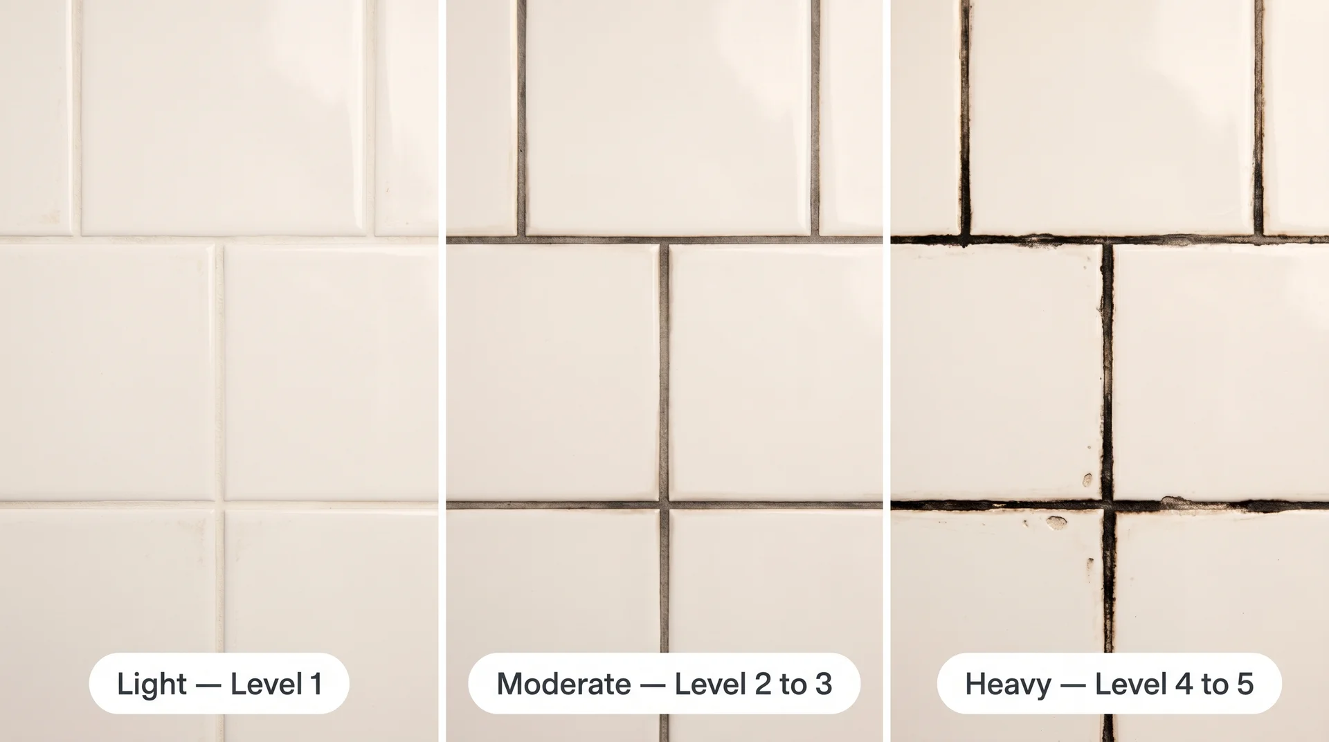 Three-panel image showing black grout severity from light discoloration to moderate to deeply stained grout lines