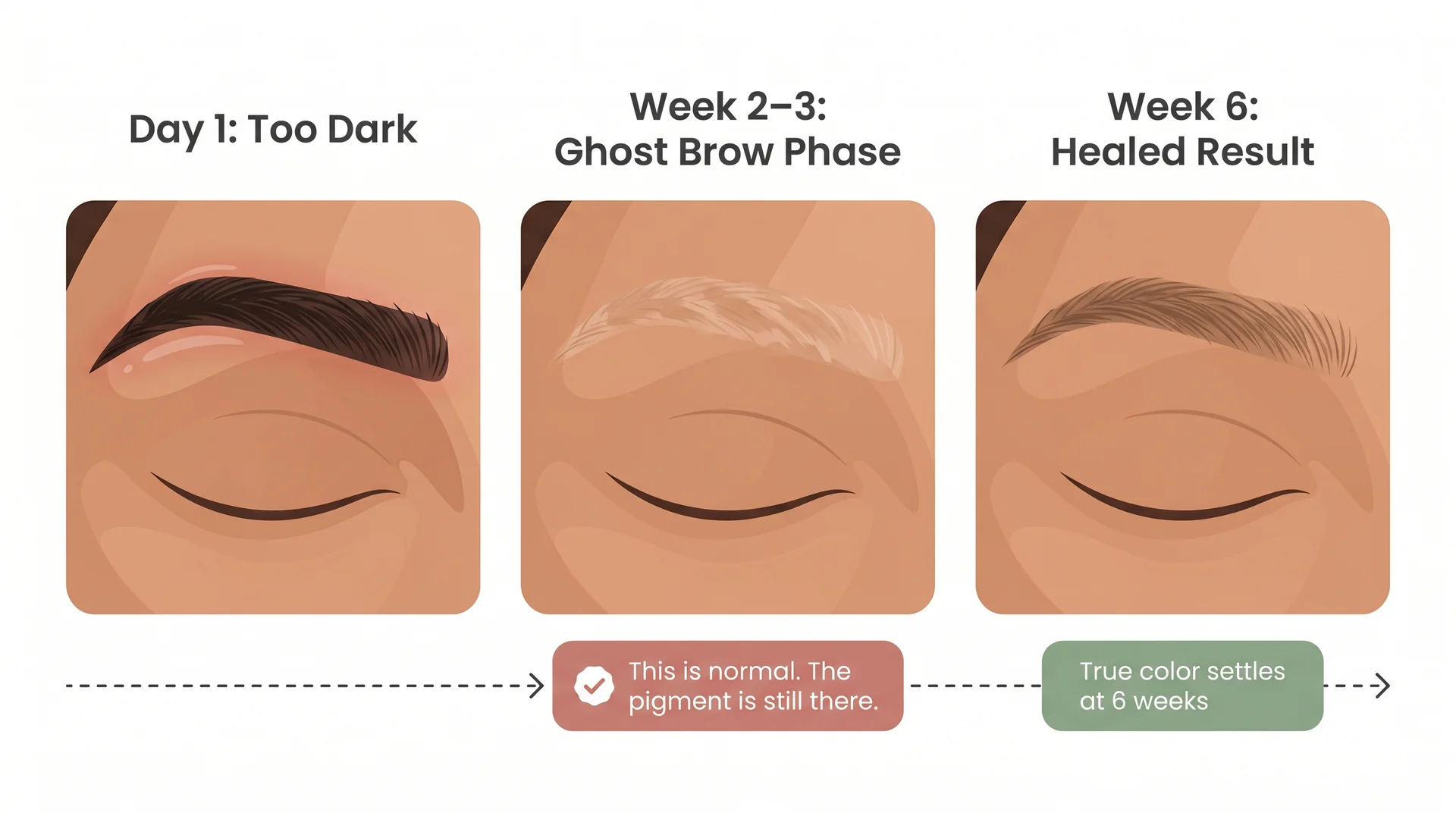 Three-panel microblading healing diagram showing day-one bold brows, week-two ghost brow fade, and week-six natural result