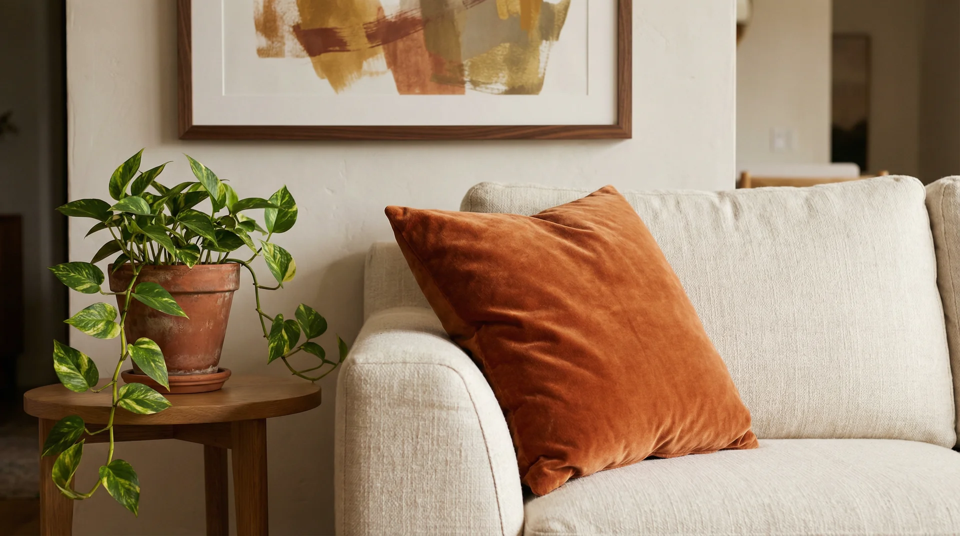 Three-piece minimal burnt orange styling on a grey sofa: one velvet cushion, terracotta planter and warm-toned wall art