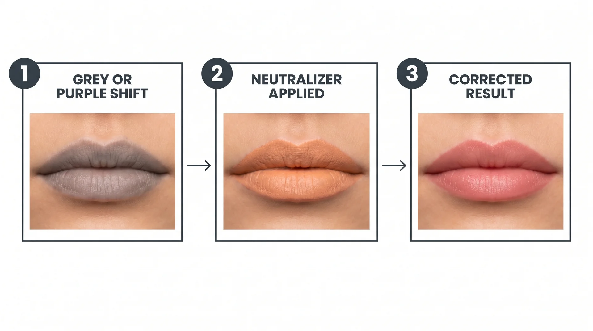 Three-step diagram of lip blush color correction: grey shift, neutralizer applied, corrected pink result