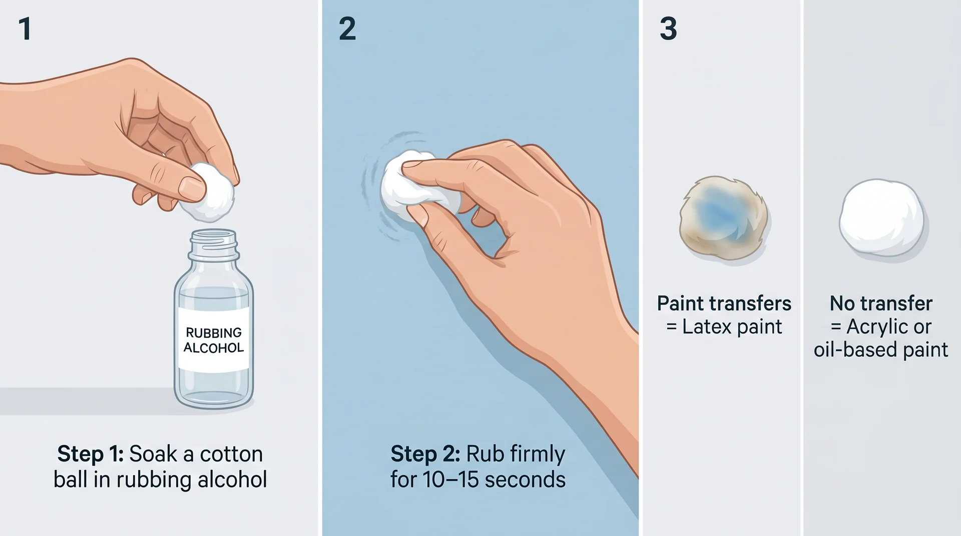 Three-step illustration of the rubbing alcohol test to identify latex paint: soak cotton ball, rub on wall, check for paint transfer