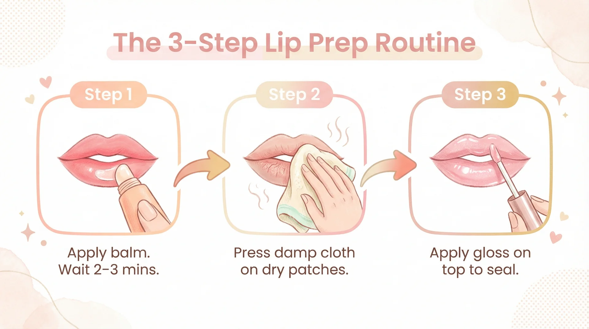 Three-step lip prep routine illustration showing balm application damp cloth and gloss layering steps