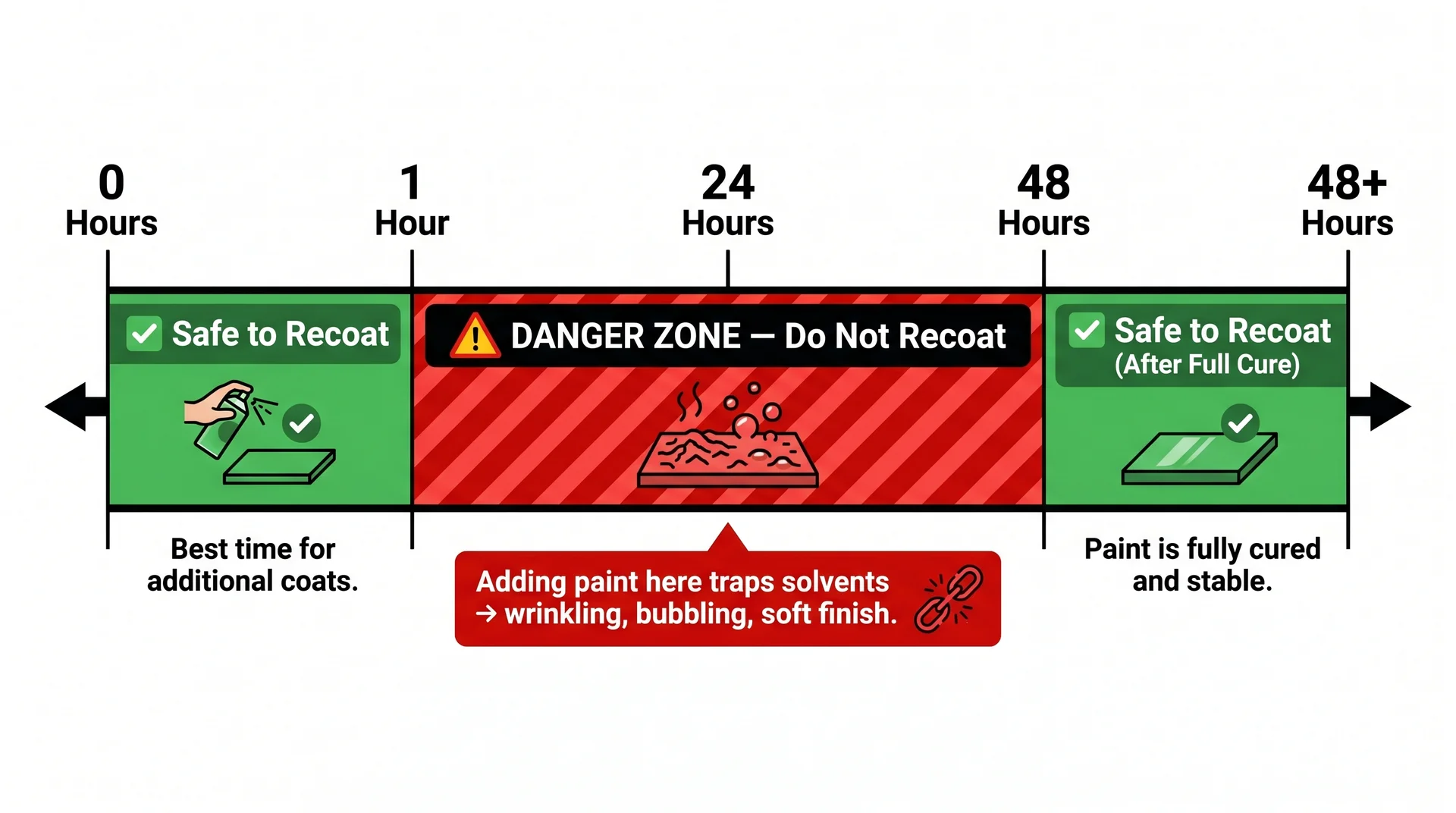 Timeline diagram showing safe recoat windows for spray paint: within 1 hour or after 48 hours, with danger zone marked