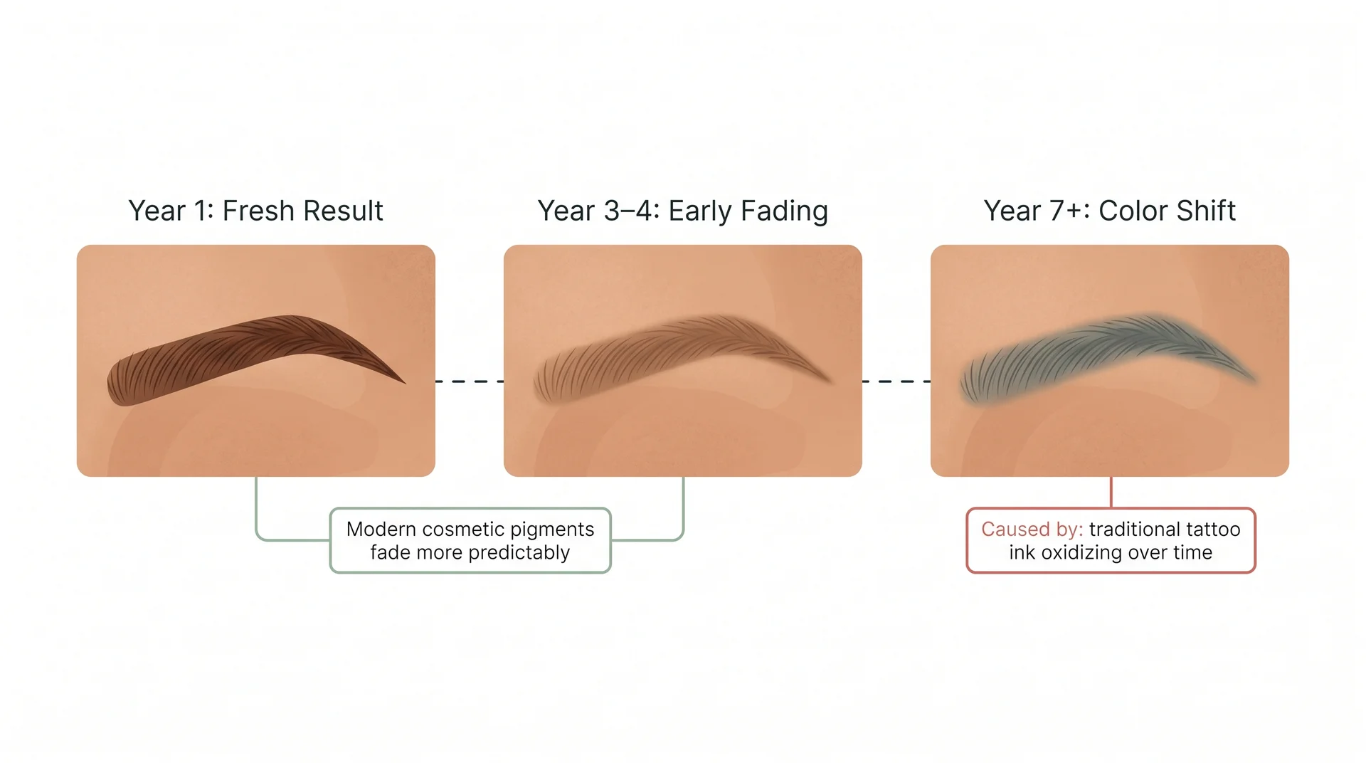 Timeline showing eyebrow tattoo ink color shift from warm brown at year one to blue-gray after seven-plus years 