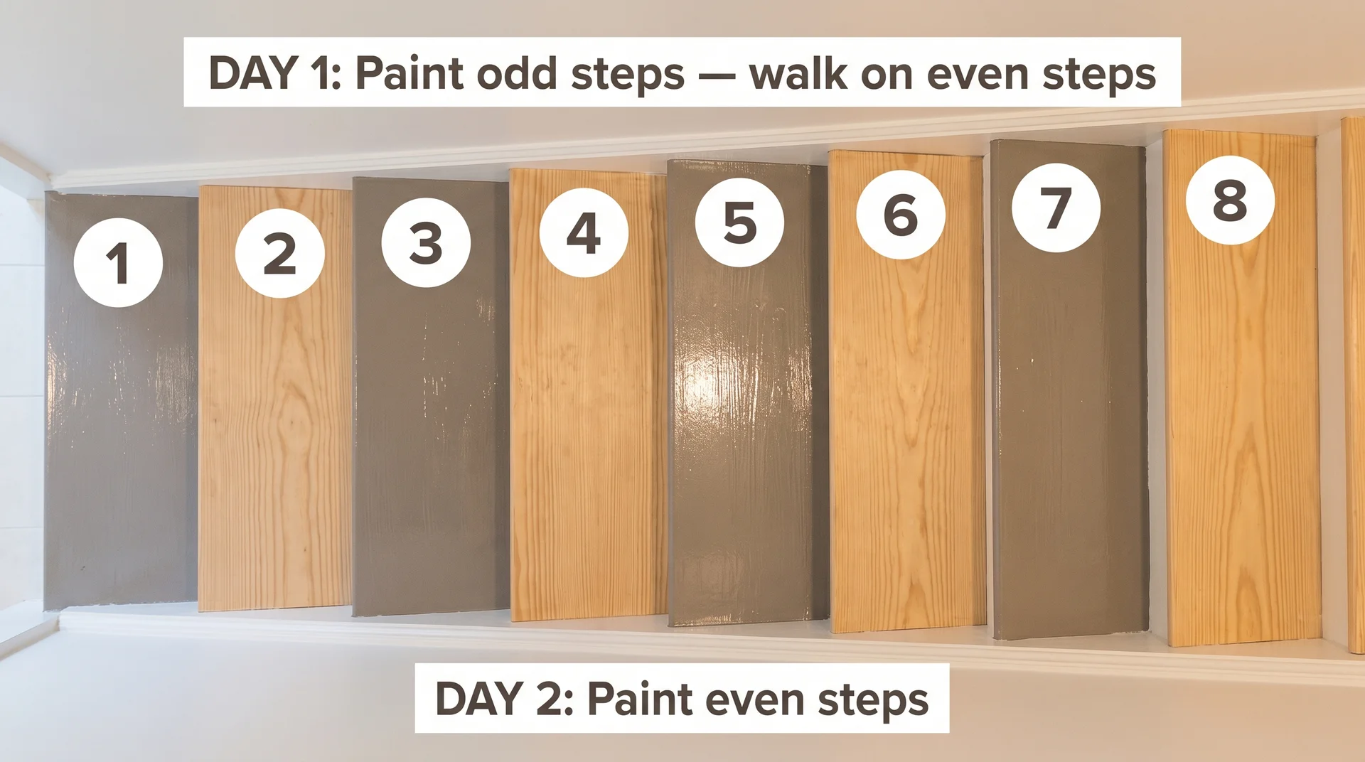 Top-down diagram of a staircase showing the alternating-step painting method, with odd steps painted and even steps left dry