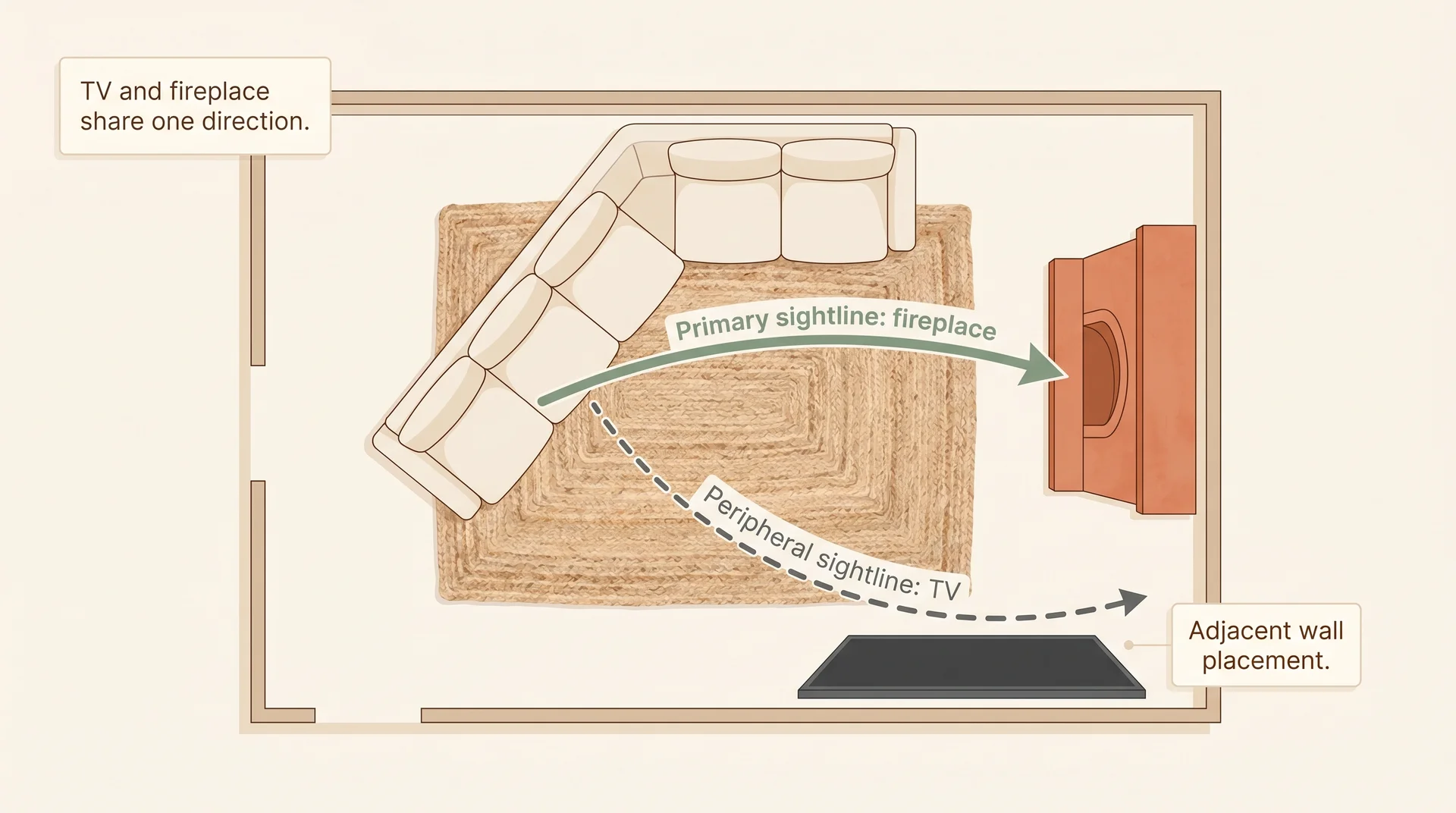 Top-down floor plan showing TV placed on adjacent wall to fireplace, with sightlines showing both focal points in one direction