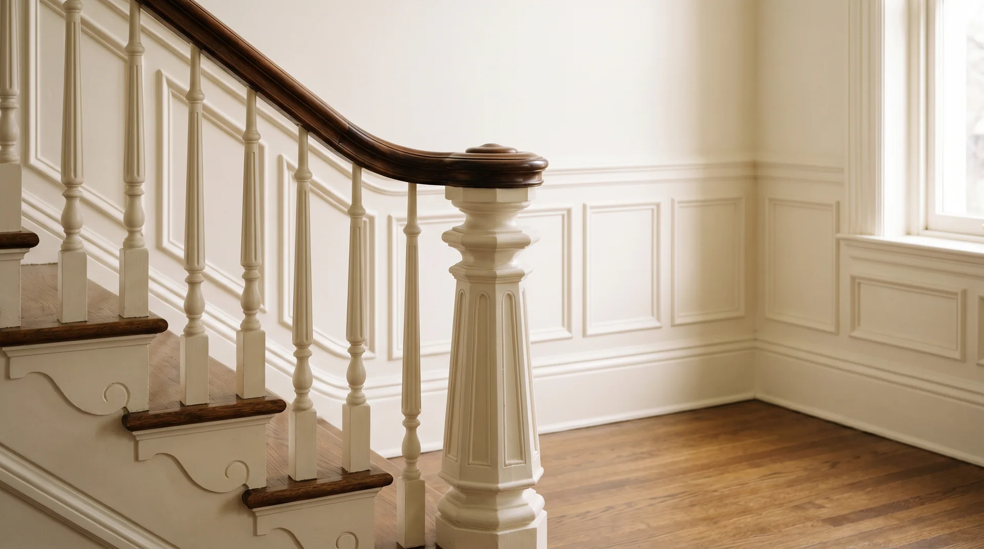 Traditional staircase with cream-white painted balusters matching trim and a rich warm walnut stained wood handrail 