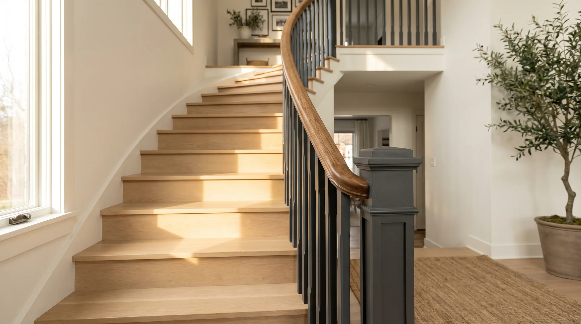 Transitional staircase with a natural wood handrail and charcoal painted balusters in warm afternoon light