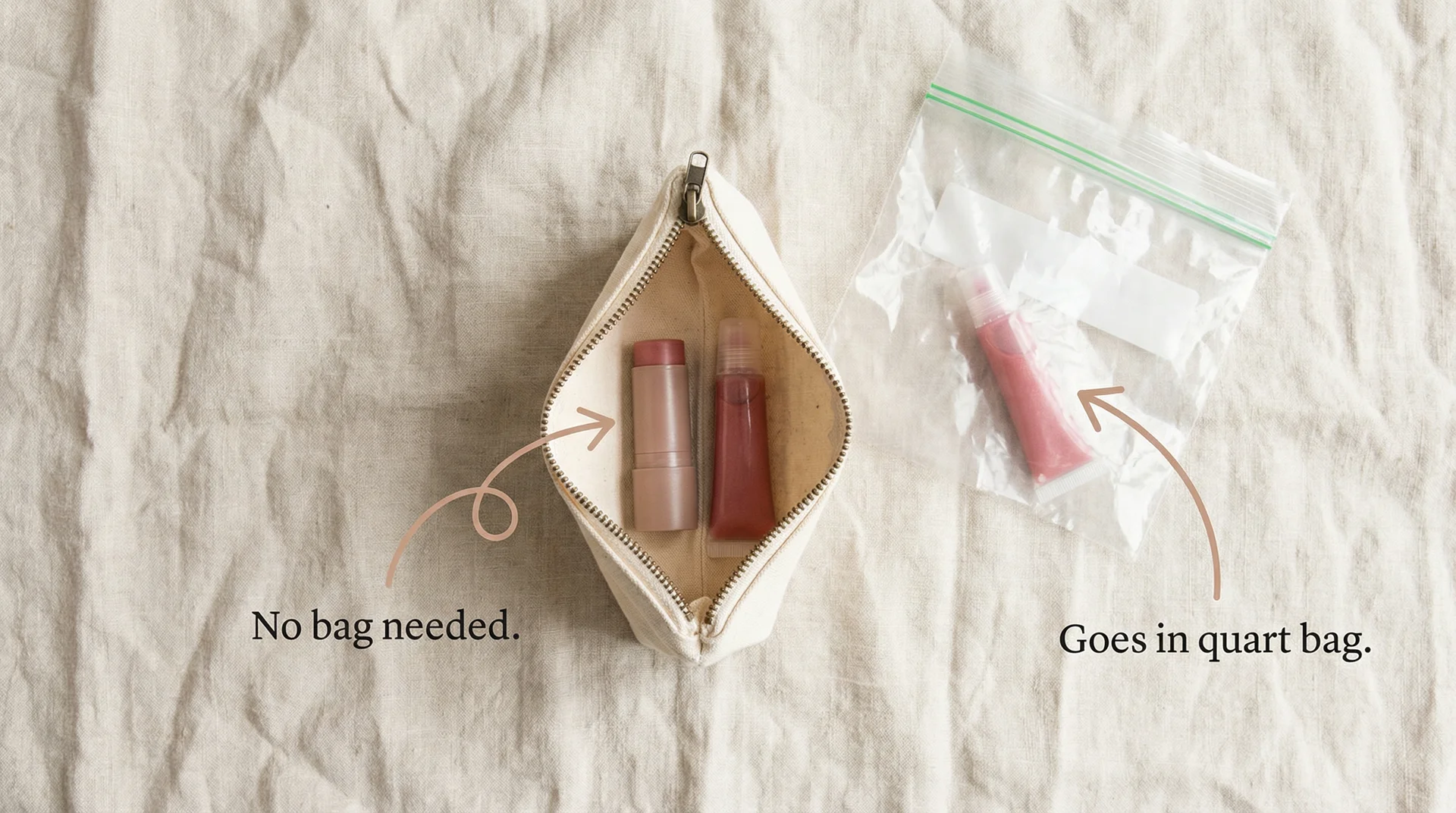 Travel makeup pouch with solid tinted balm labelled bag-free and lip gloss labelled for TSA quart bag