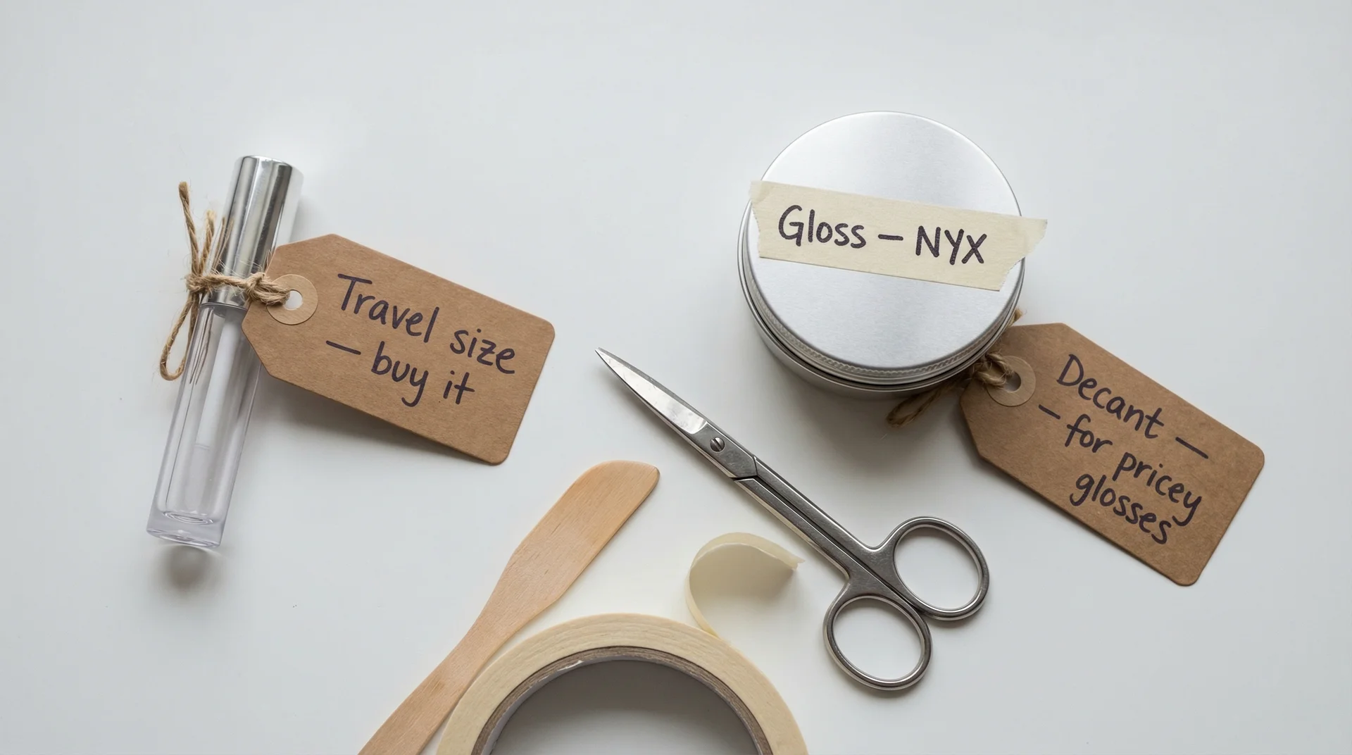 Travel size lip gloss beside a labeled aluminum decant tin showing two packing options for TSA carry-on