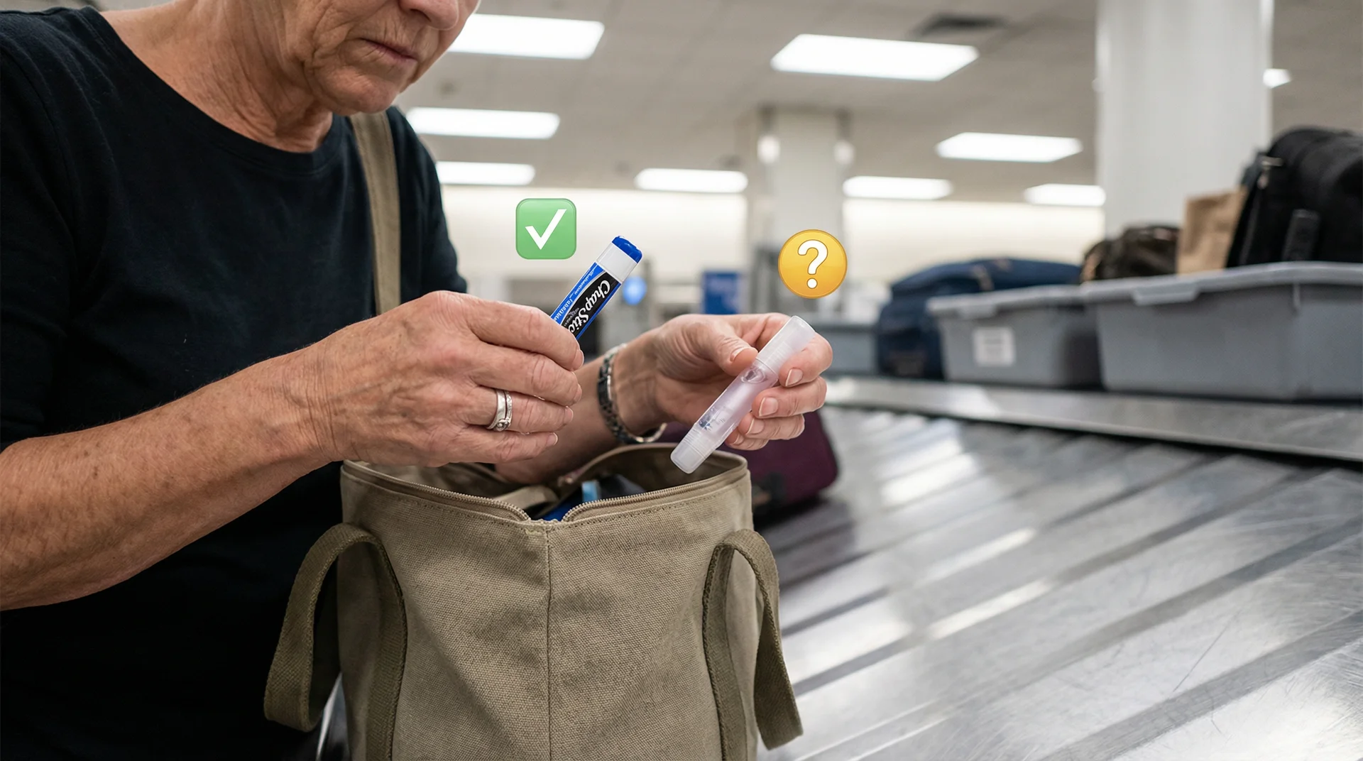 Traveller at airport security holding ChapStick and lip gloss, unsure which counts as a TSA liquid