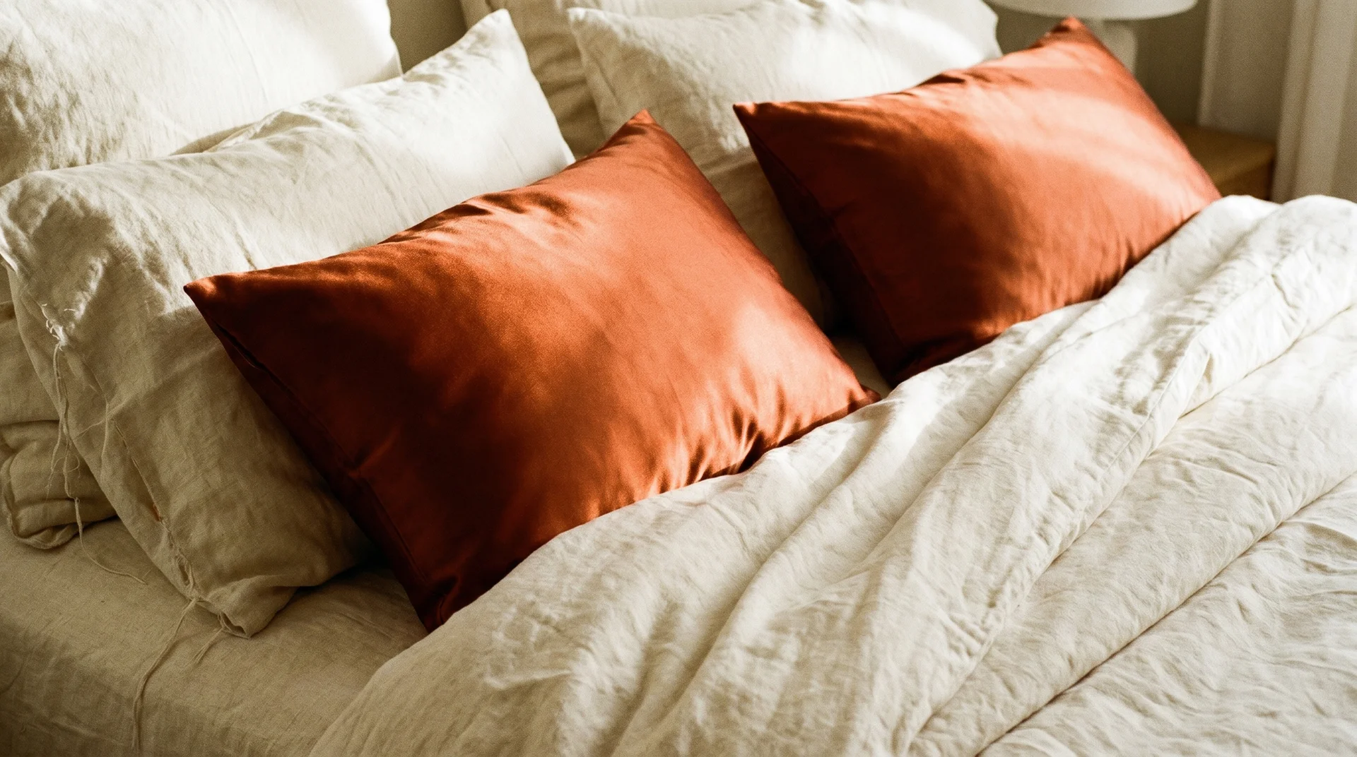 Two burnt orange silk cushions on cream linen bedding showing textural contrast between matte and polished fabric