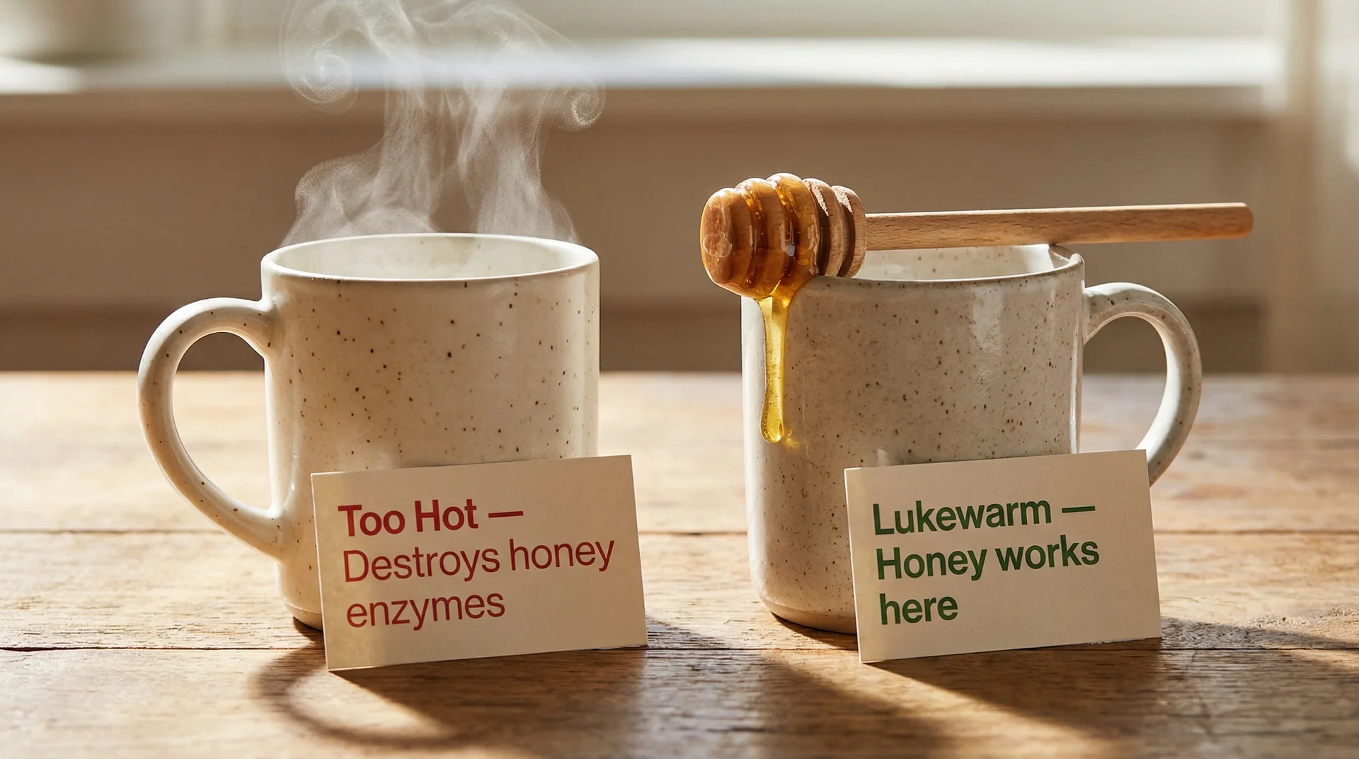 Two coffee mugs side by side showing hot versus lukewarm temperature for adding honey to preserve its benefits