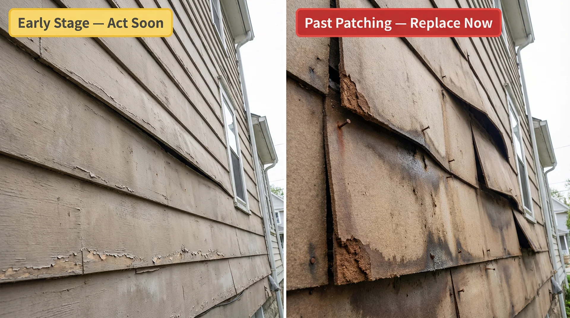 Two hardboard siding panels comparing early-stage moisture damage versus severe deterioration requiring replacement
