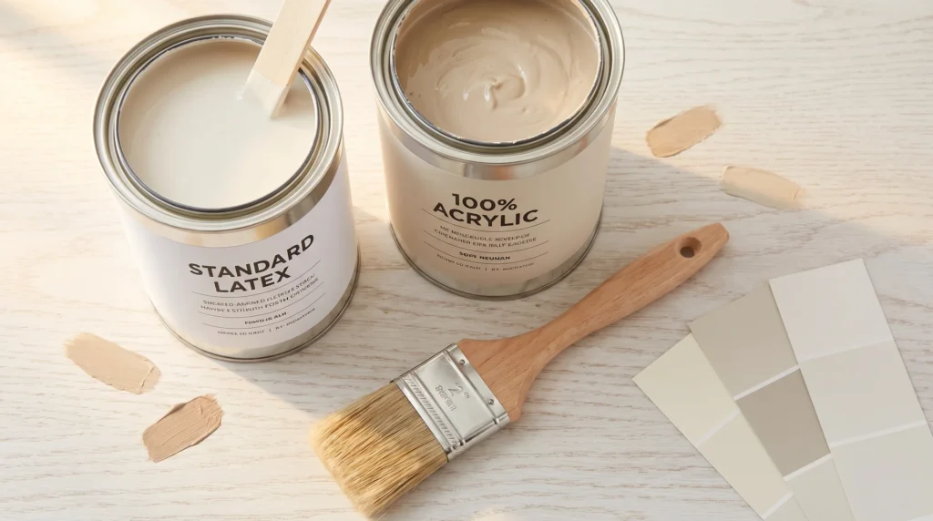 Two paint cans labeled Standard Latex and 100% Acrylic on a wooden surface with a brush and color swatches