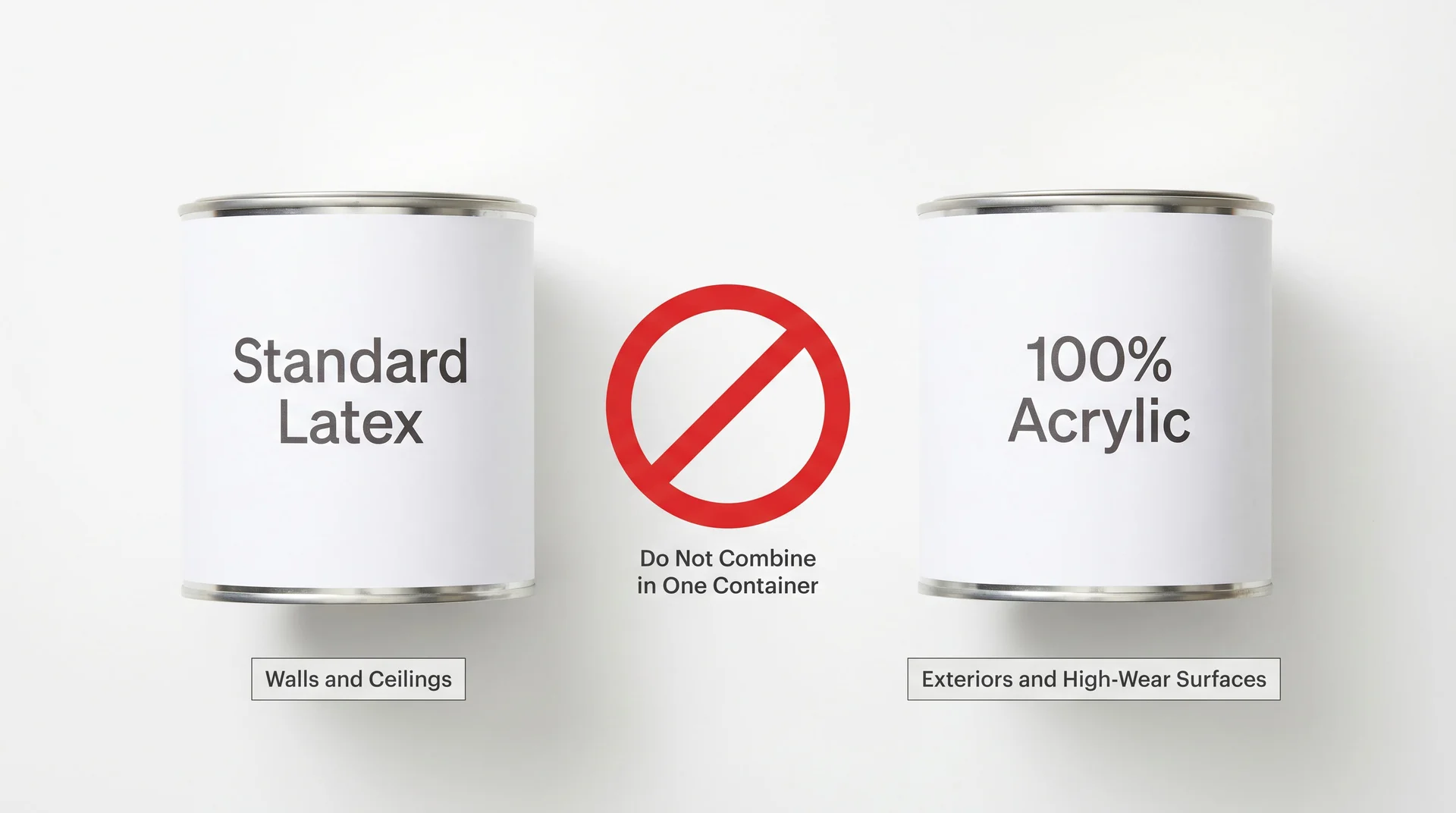 Two paint cans labeled Standard Latex and 100% Acrylic with a red prohibition symbol indicating they should not be mixed
