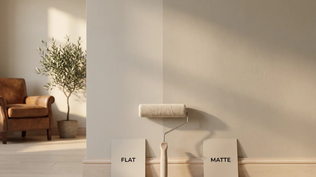 Two paint finishes on one wall, flat on the left with zero sheen and matte on the right with a soft velvety glow, under warm afternoon light