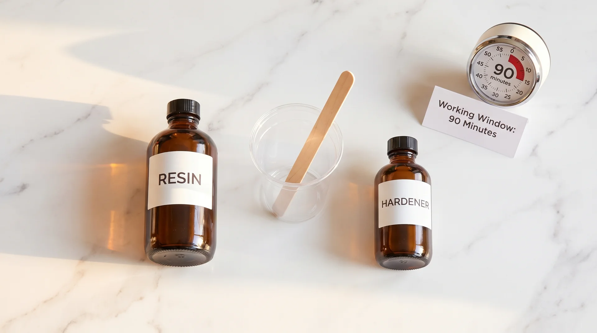 Two-part epoxy kit with resin, hardener, mixing cup, and a 90-minute timer indicating the product working window