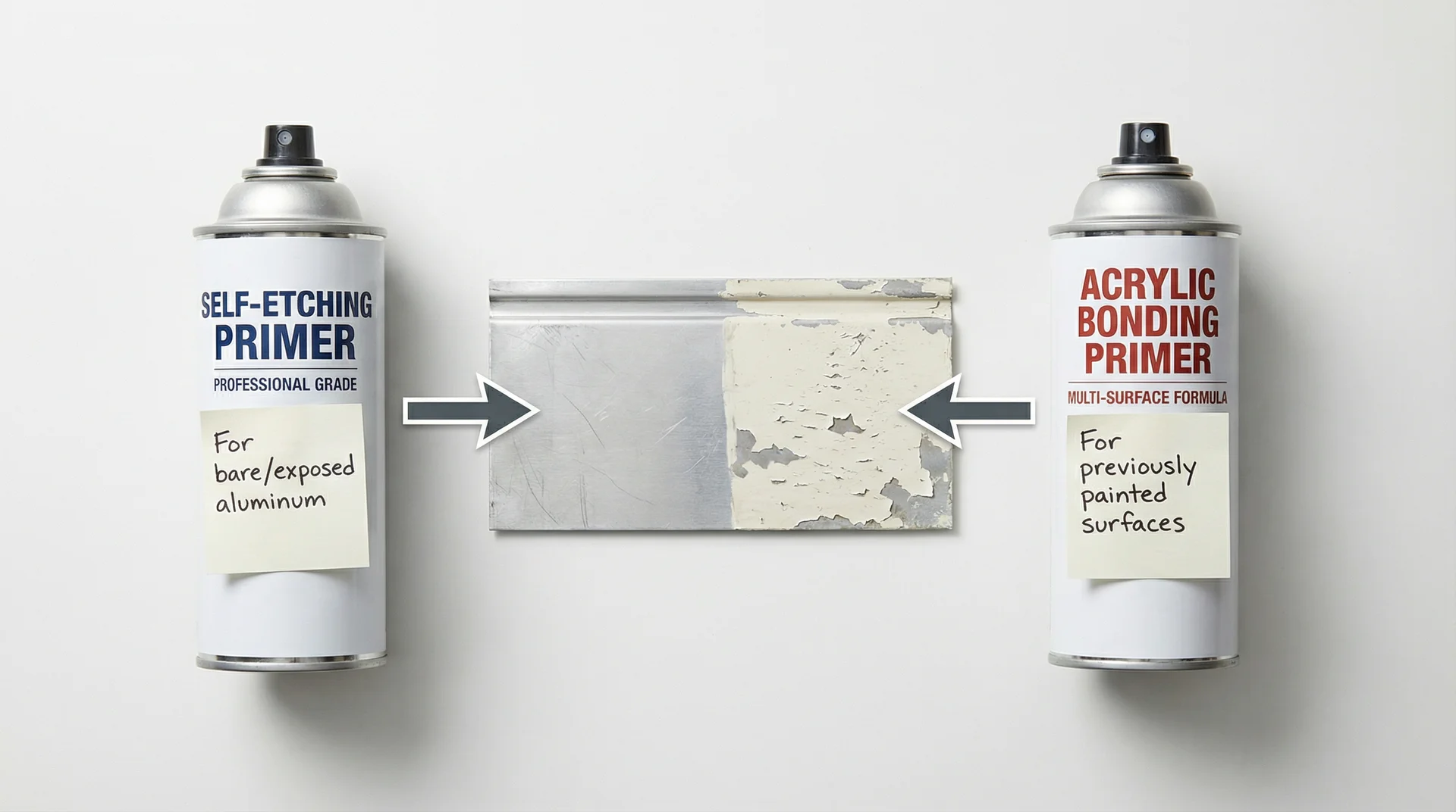 Two primer types for aluminum siding: self-etching primer for bare metal and acrylic bonding primer for painted surfaces