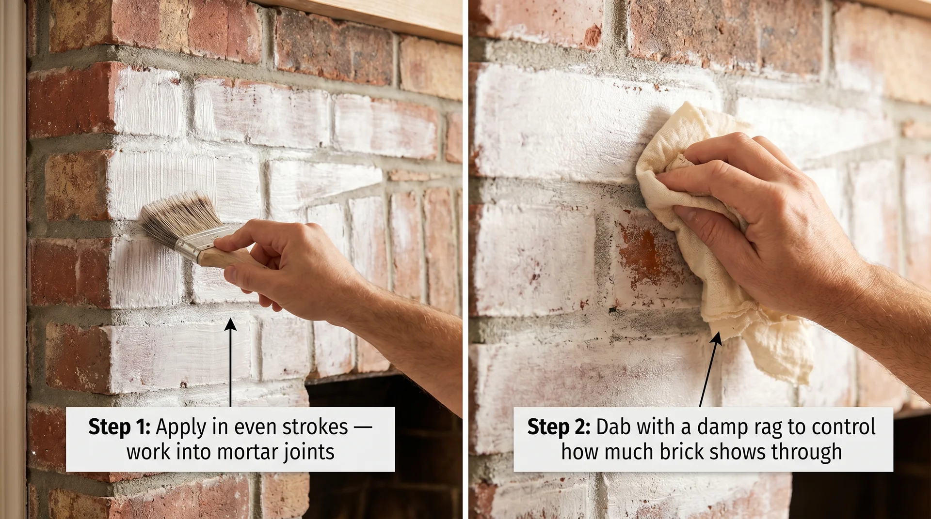 Two-step whitewash brick technique showing brush application on left and damp rag dabbing for coverage control on right