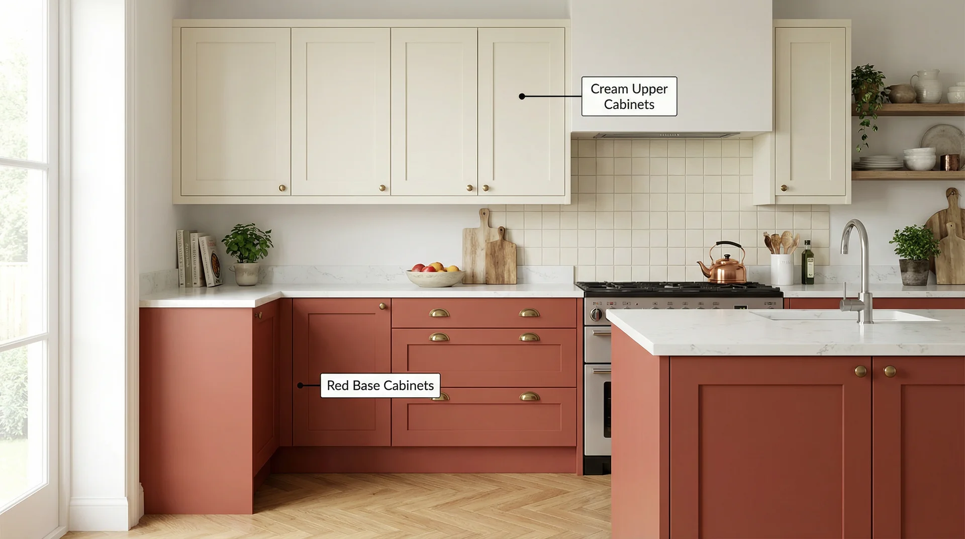 Two-tone kitchen with terracotta-red lower Shaker cabinets and cream upper cabinets with brass hardware and white quartz countertops