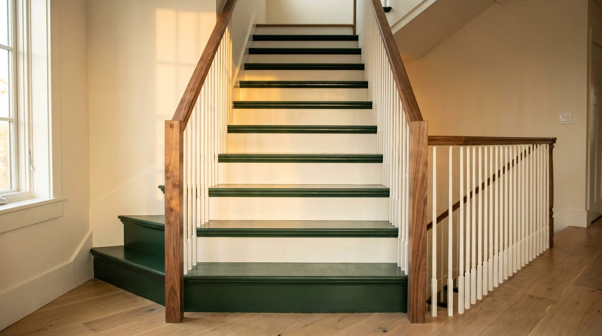 Two-tone painted staircase with deep forest green treads and white risers in a warm, light-filled residential interior
