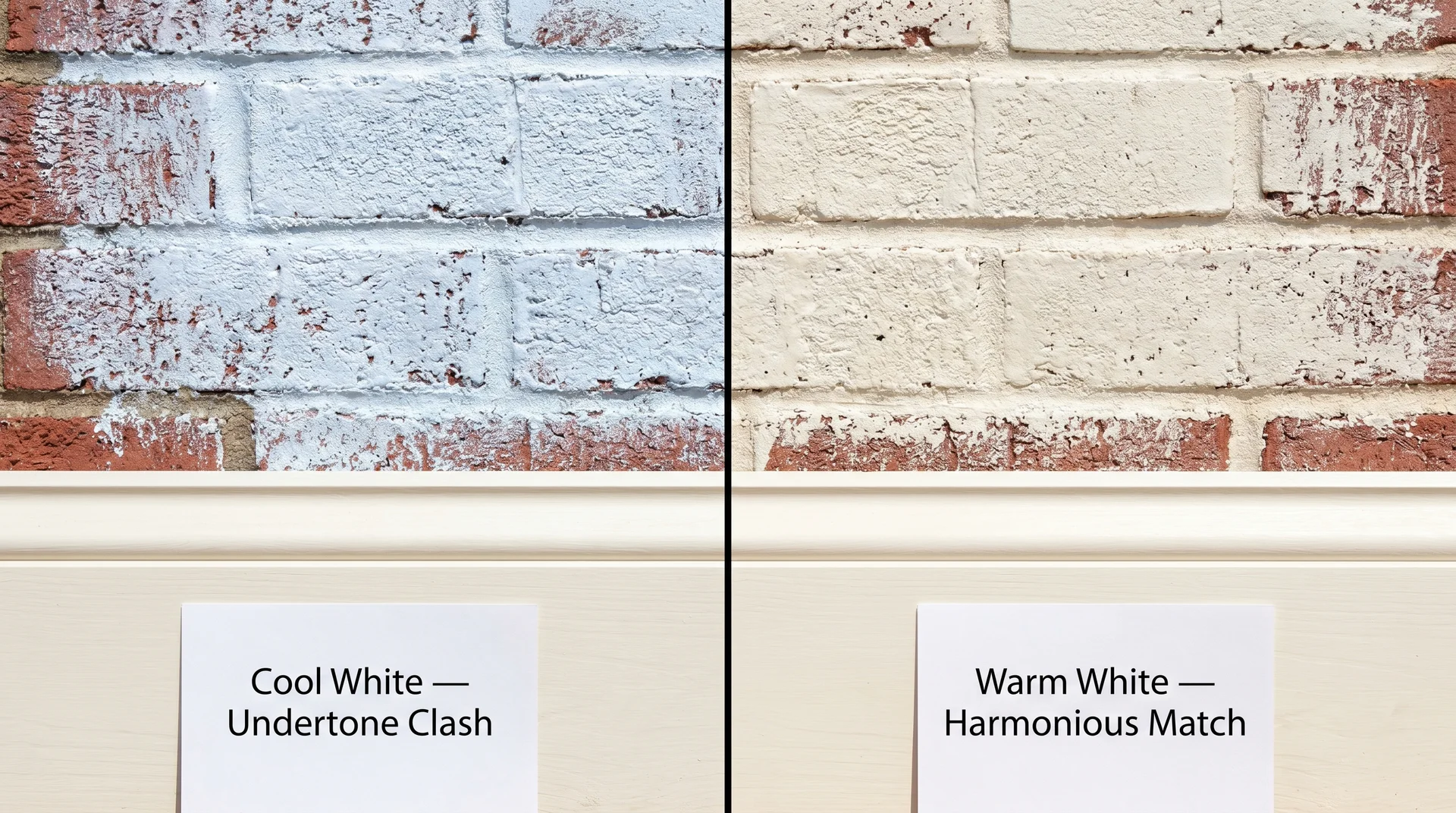 Two white wash samples on brick next to trim showing cool-tone clash on left and warm-tone harmony on right
