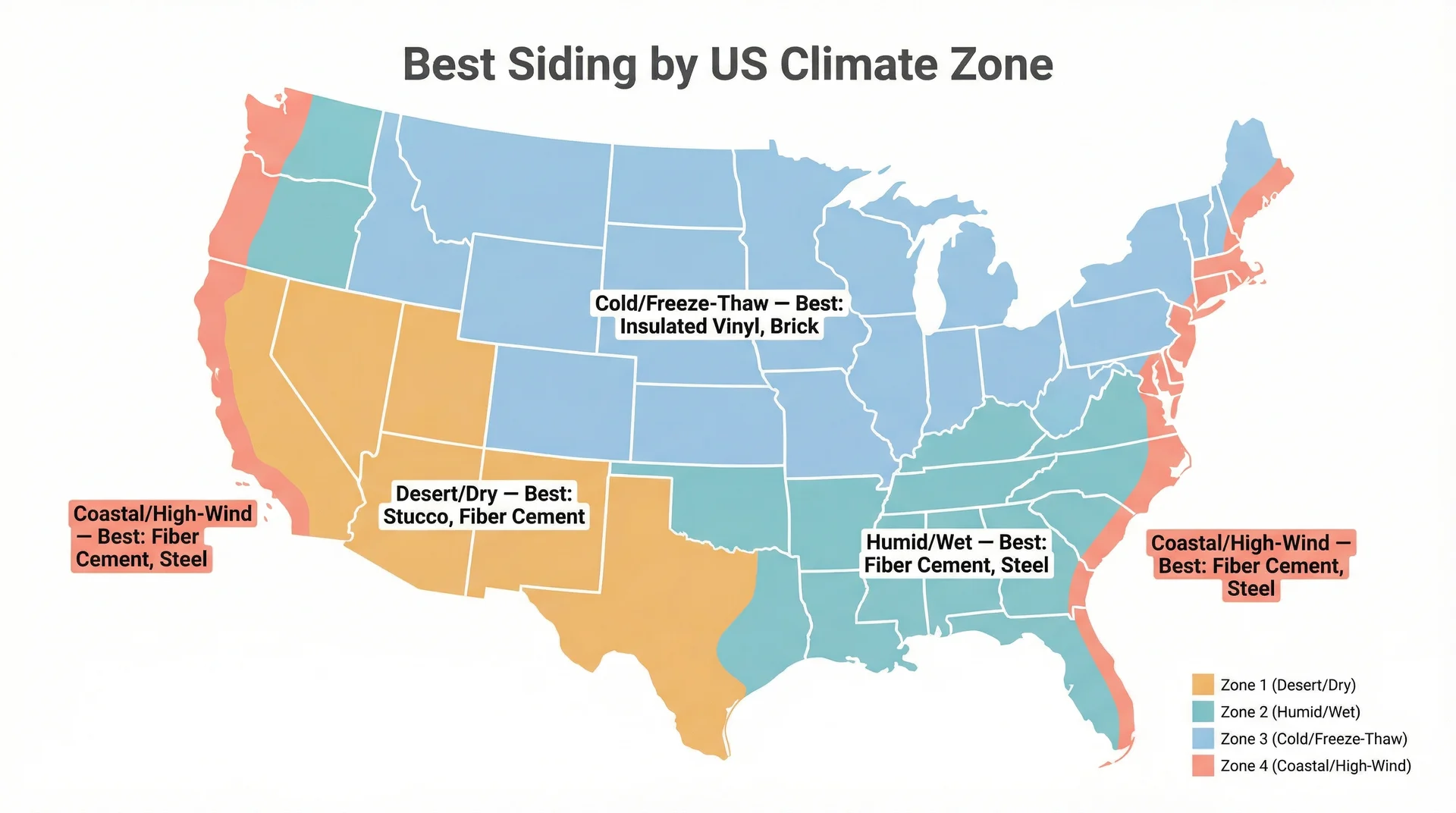 US climate zone map showing best exterior siding materials for desert, humid, cold, and coastal regions across America